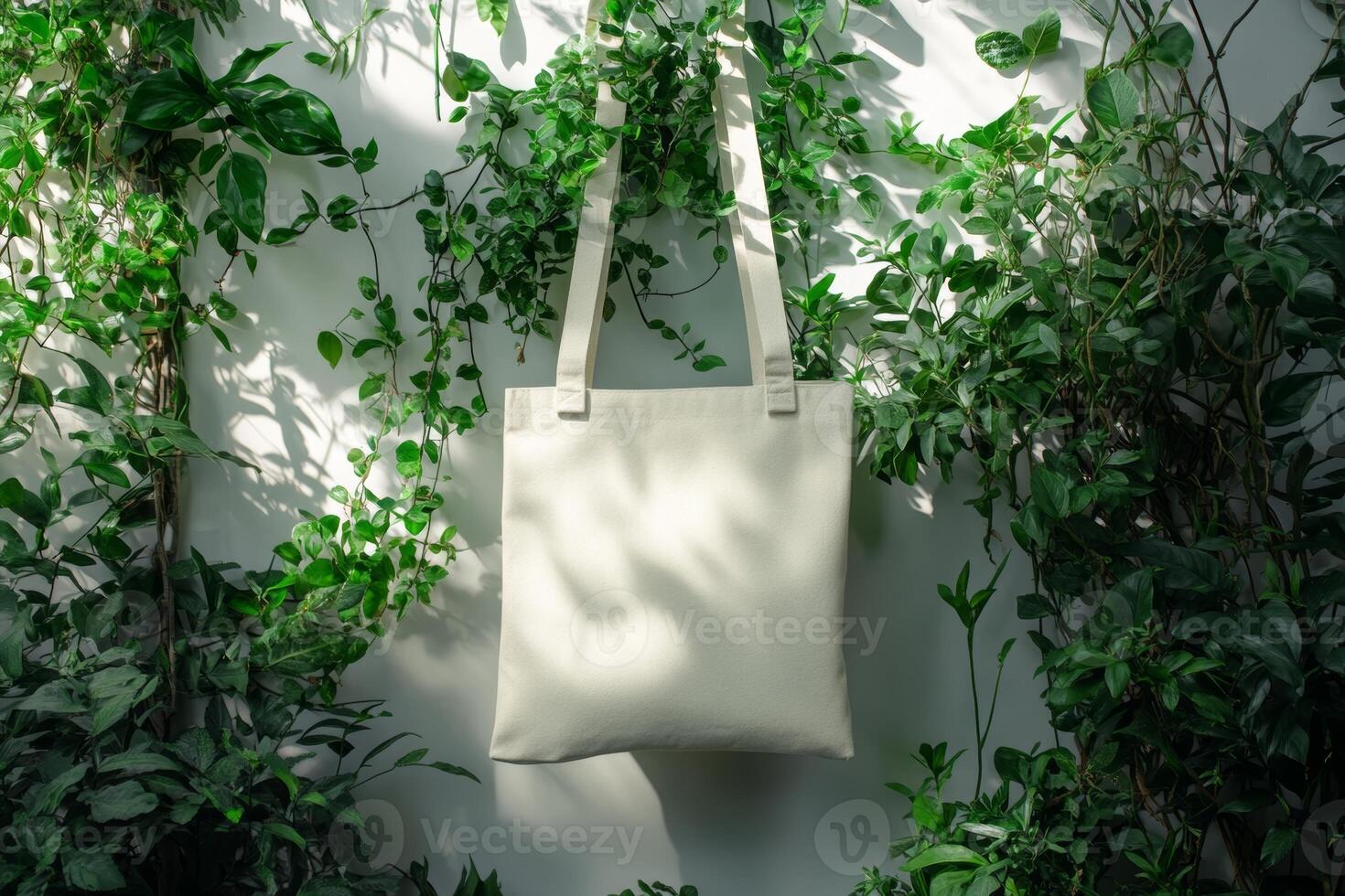 A minimal canvas tote bag hangs among lush green plants in soft natural light, showcasing a blank space for customization photo