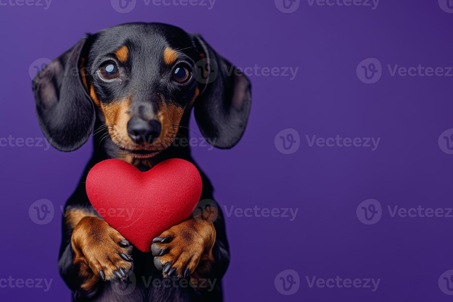 Dachshund holds a red heart in its paws against a vibrant purple backdrop with studio lighting photo