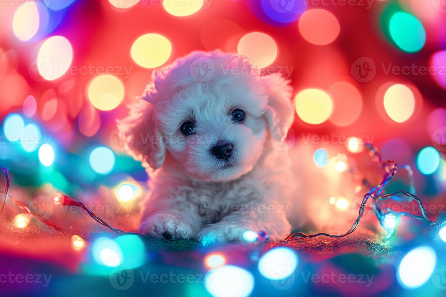 A fluffy bichon puppy playfully surrounded by colorful party lights in a festive celebration setting photo