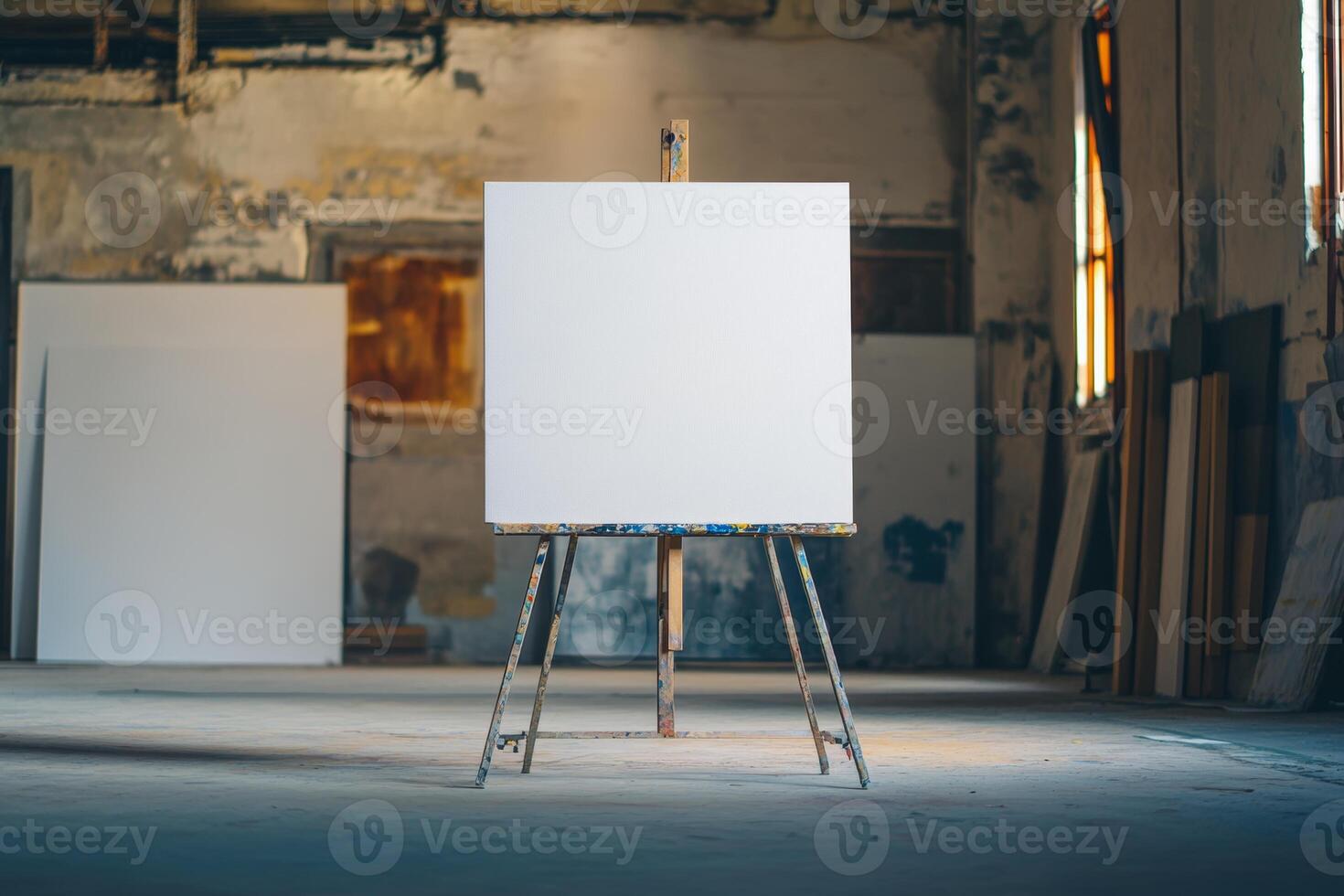 A large blank canvas on a metal stand in a minimalist gallery space with neutral lighting and a blurred background for creative mockups photo