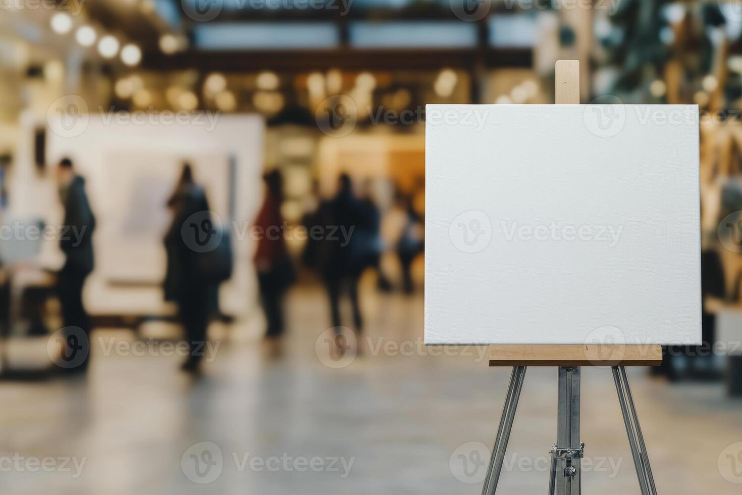 A large blank canvas on a metal stand positioned in a contemporary art gallery with visitors and soft neutral lighting photo