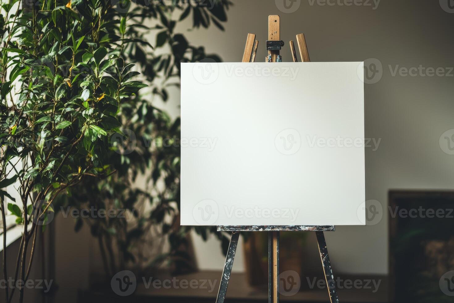 A large blank canvas on a metal stand displayed in a contemporary gallery space with neutral lighting and blurred background elements photo