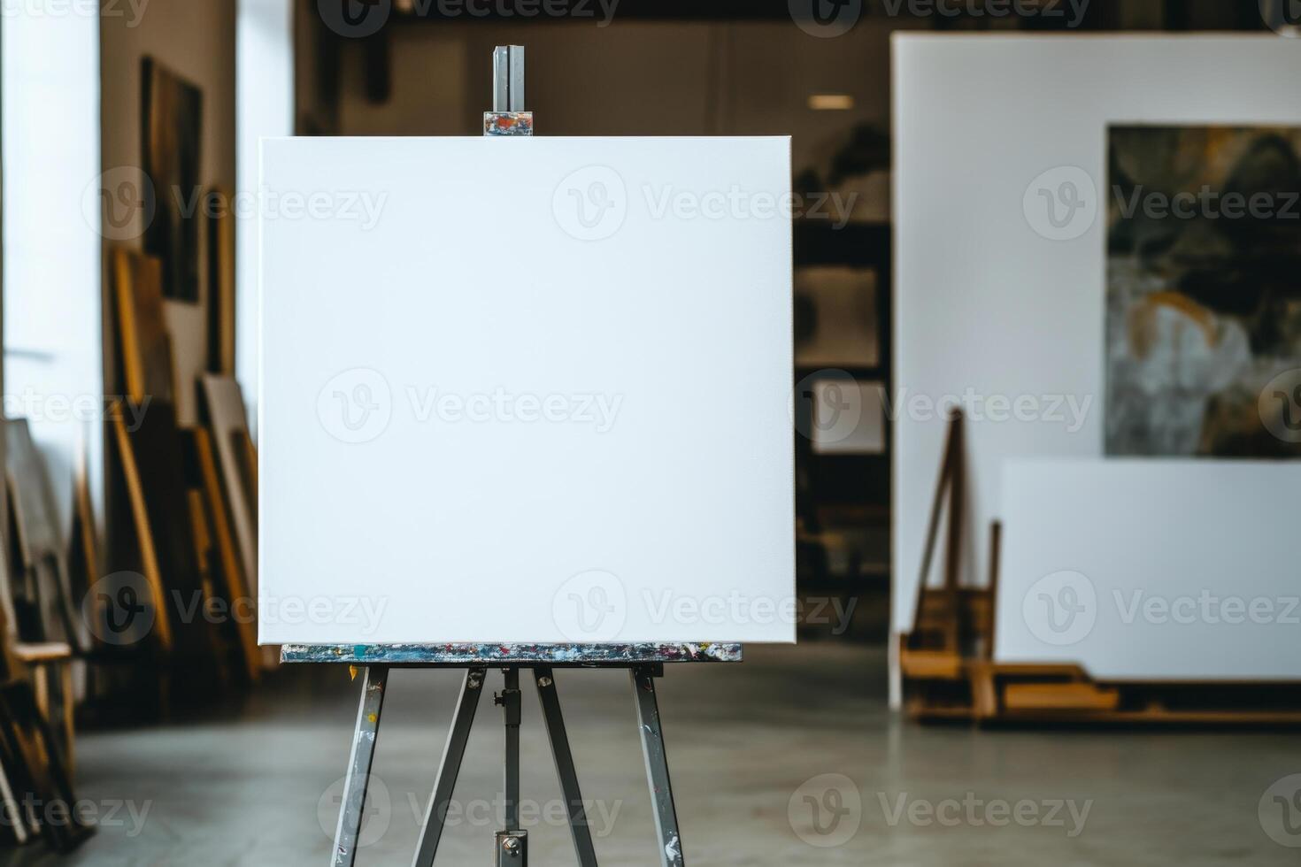 A large blank canvas on a metal stand in a gallery space with a blurred background and neutral lighting for artistic presentations photo