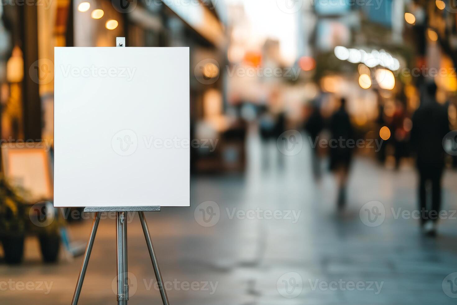A large blank canvas on a metal stand in a gallery with a blurred background and neutral lighting for artistic mockup purposes photo