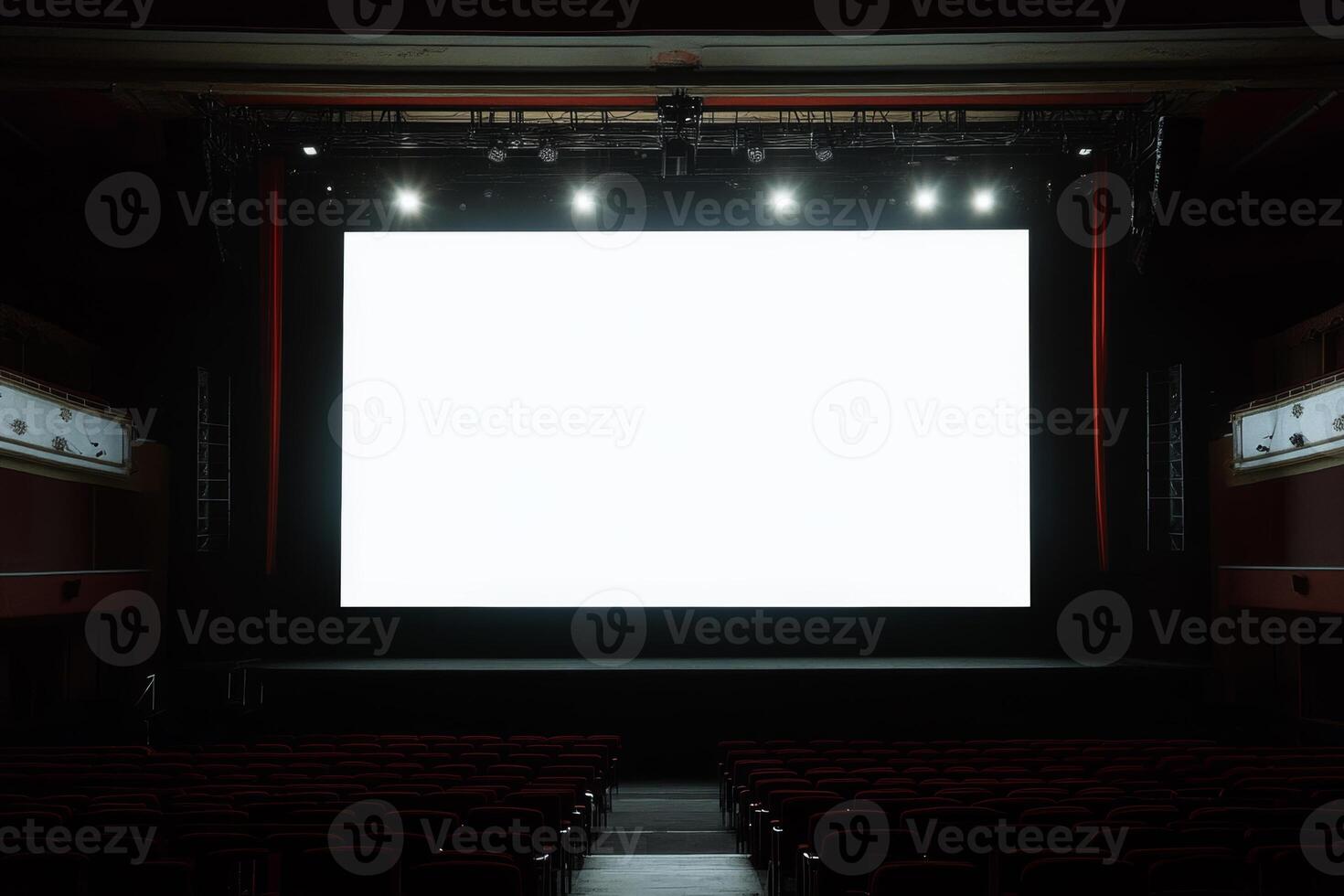 Blank screen on a concert hall stage during an event, illuminated by bright lights against a dark background photo