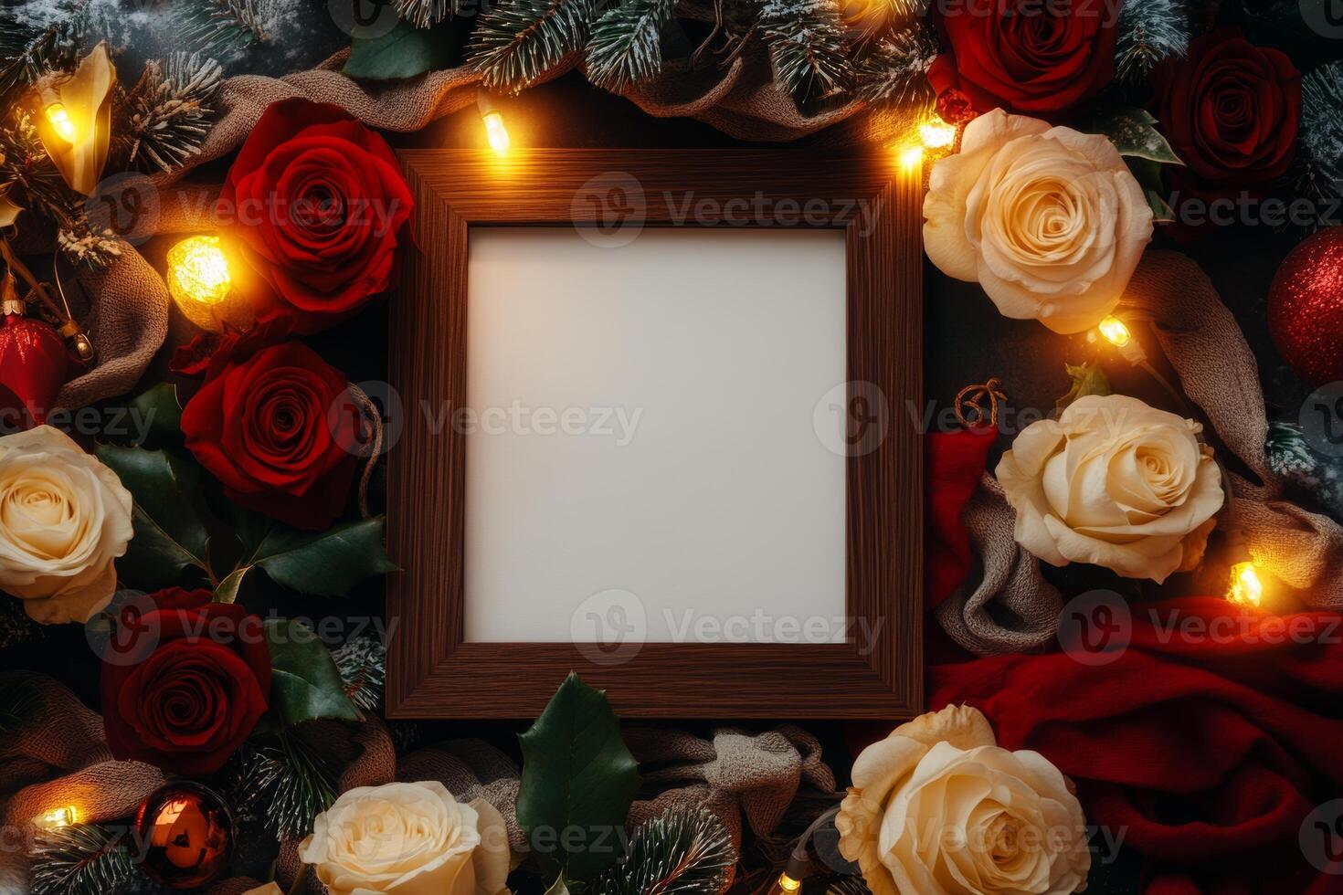 A wooden frame poster surrounded by elegant holiday decorations and roses in soft warm lighting during the festive season photo
