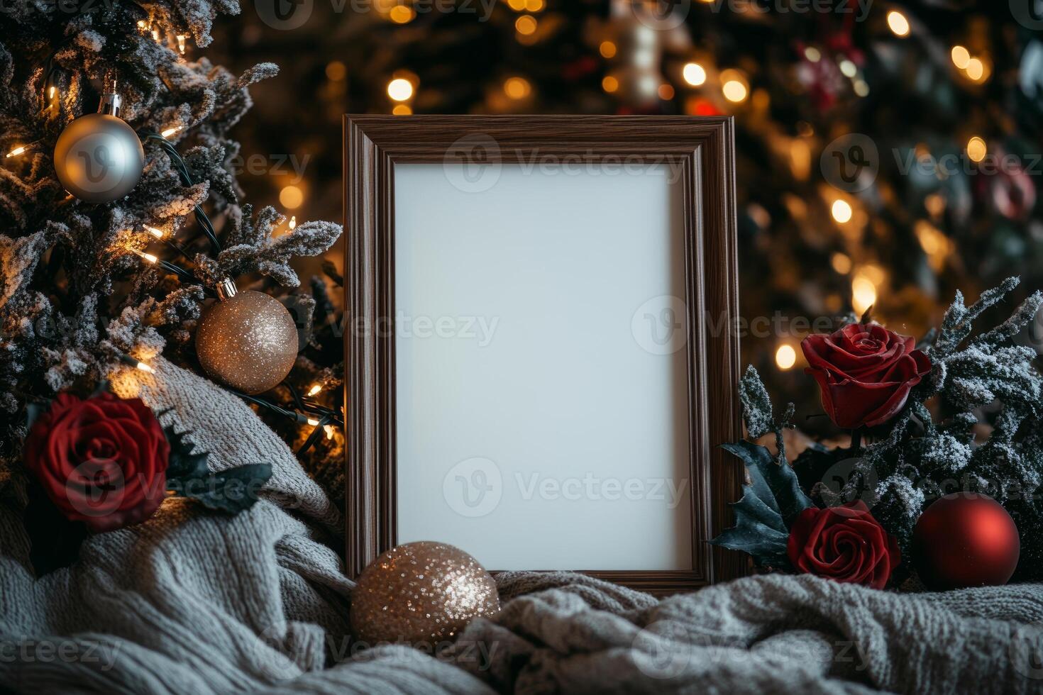 Warm minimalist poster mockup in a wooden frame surrounded by holiday decor and roses with soft lighting photo