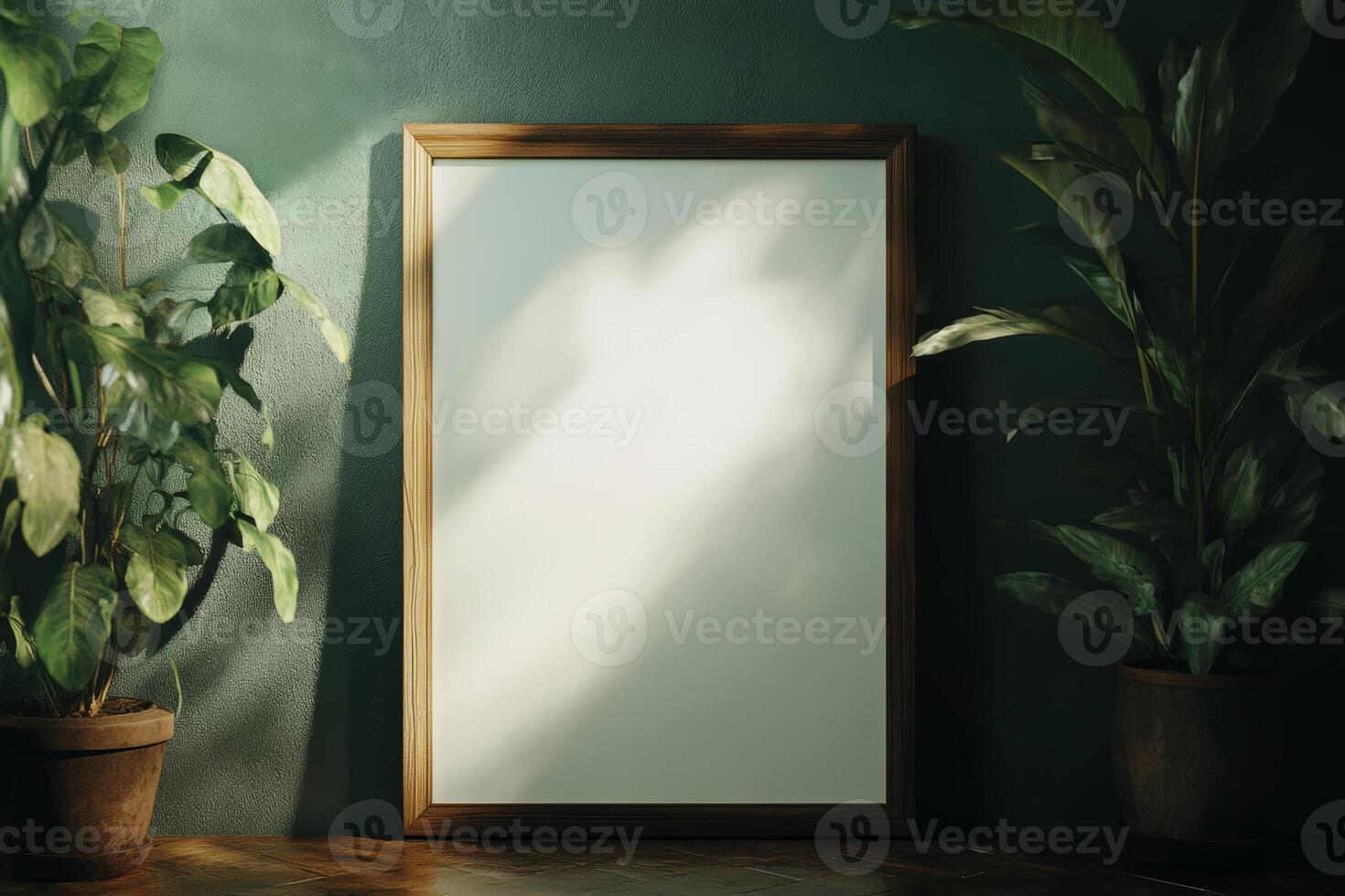 Minimalist wooden framed poster on a dark green wall with plants, showcasing a bright empty canvas in soft lighting photo