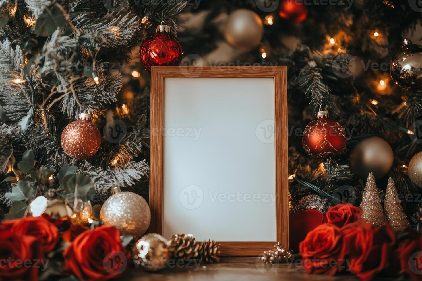 Warm holiday decor featuring a wooden-framed poster with roses and ornaments, ideal for festive decorations or invitations photo