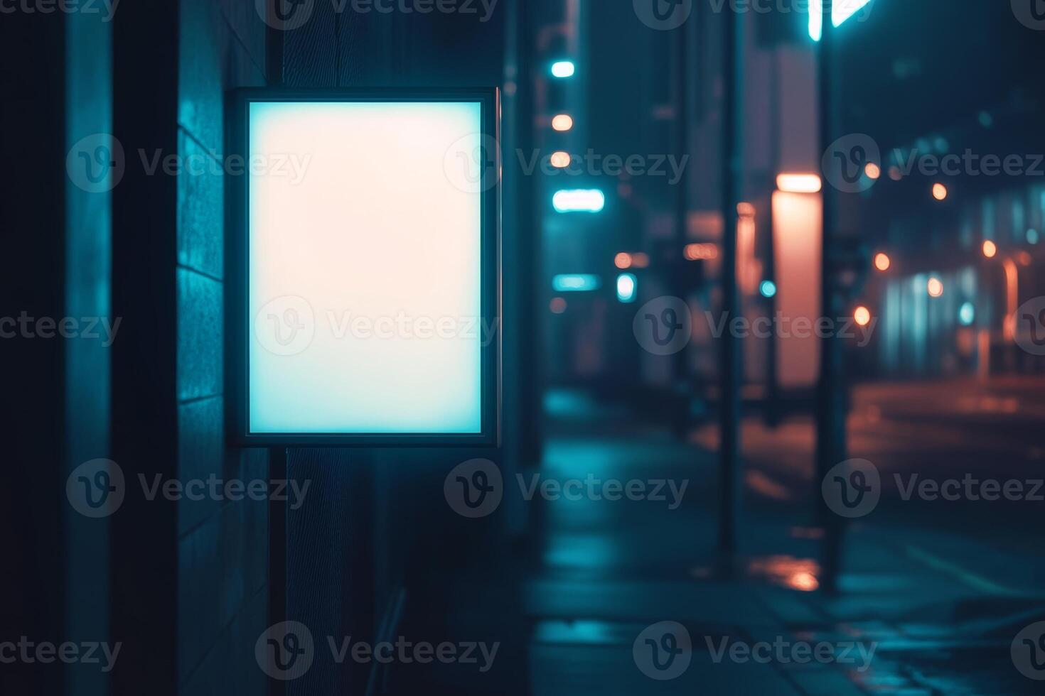 Minimalist poster mockup on modern urban building at night with neon lights and motion blur photo