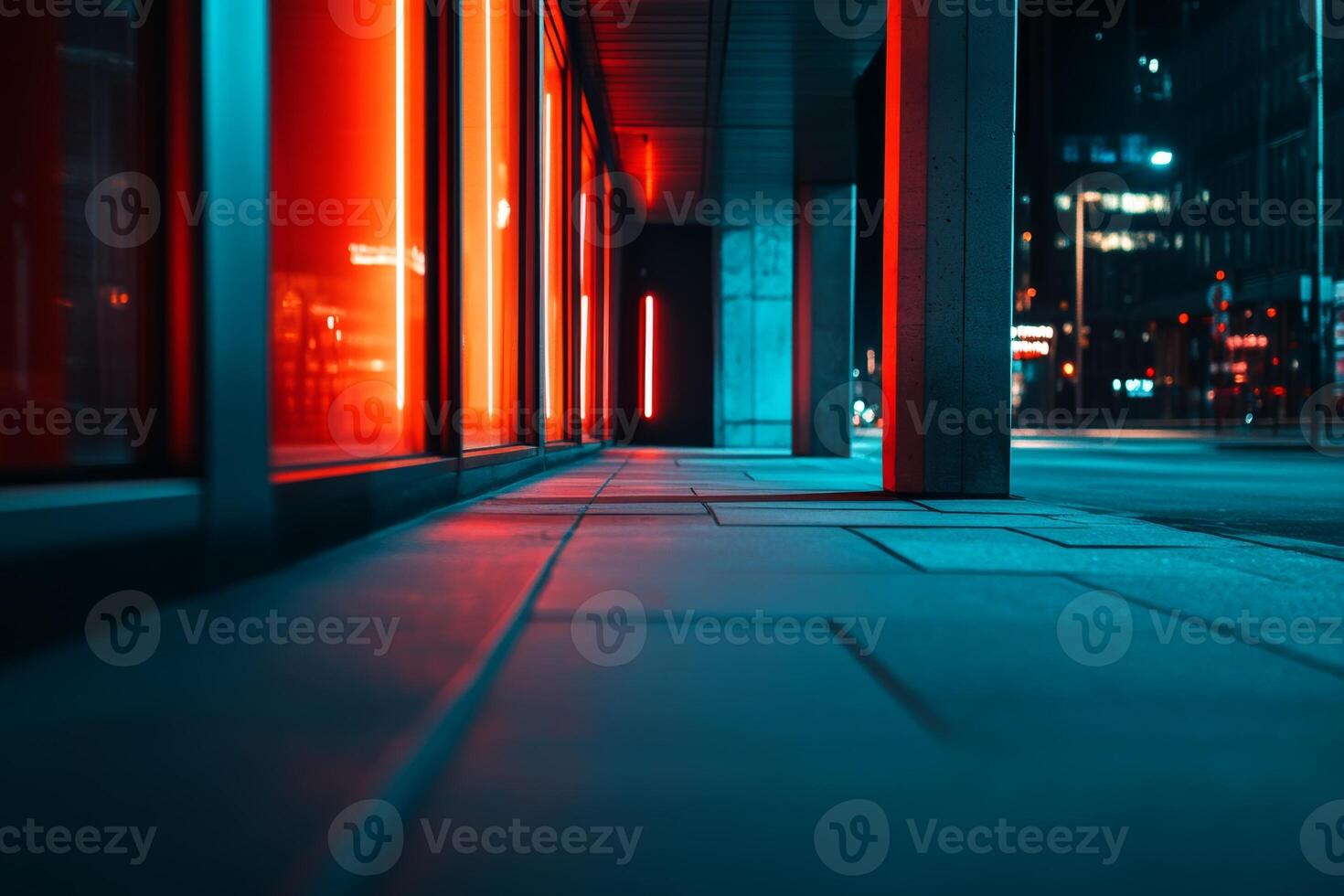 Minimalist mockup of a blank poster on a modern urban building at night with neon lights and motion blur in the background photo