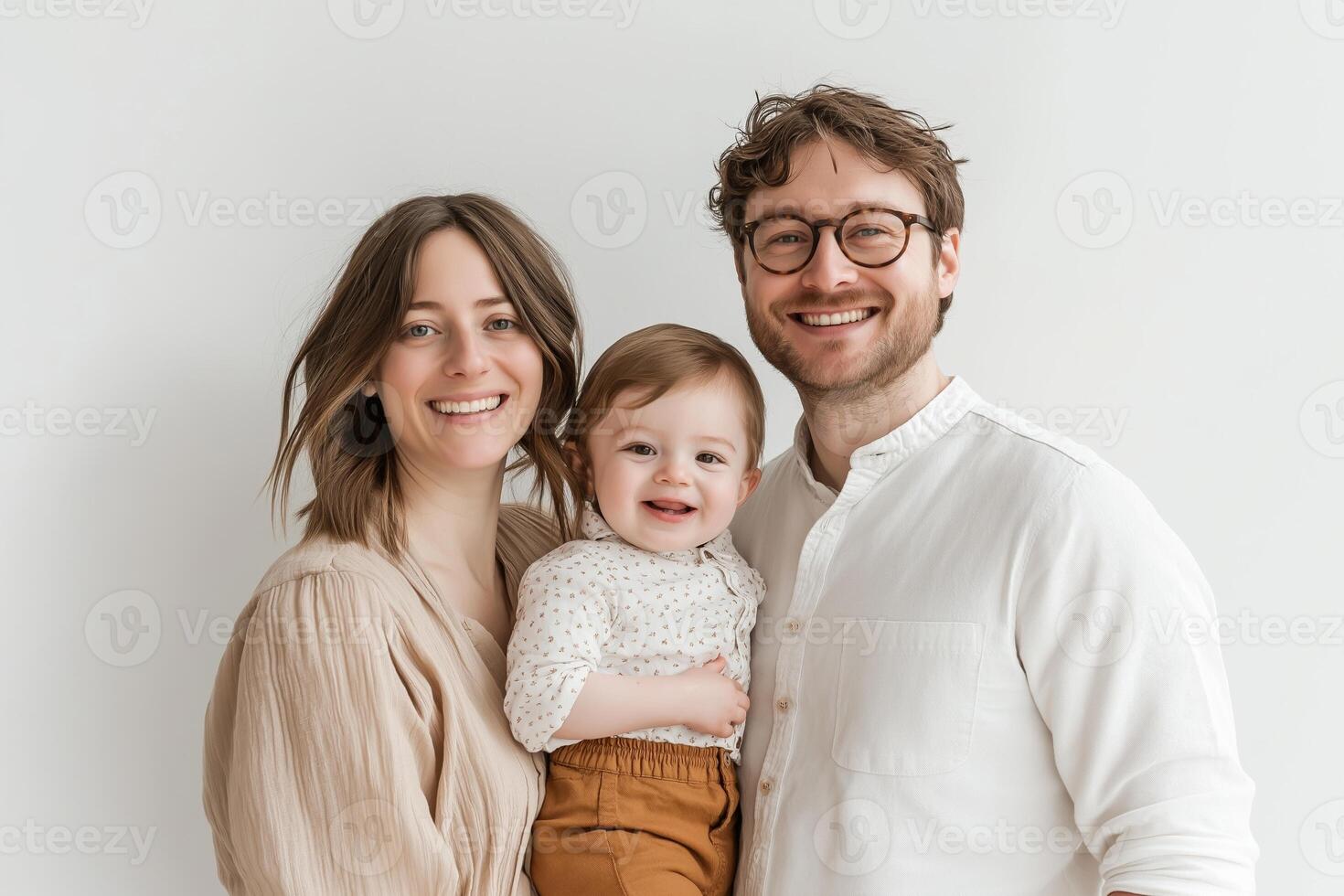A cheerful family portrait of a mother, father, and young child smiling together in a bright, minimalistic setting photo