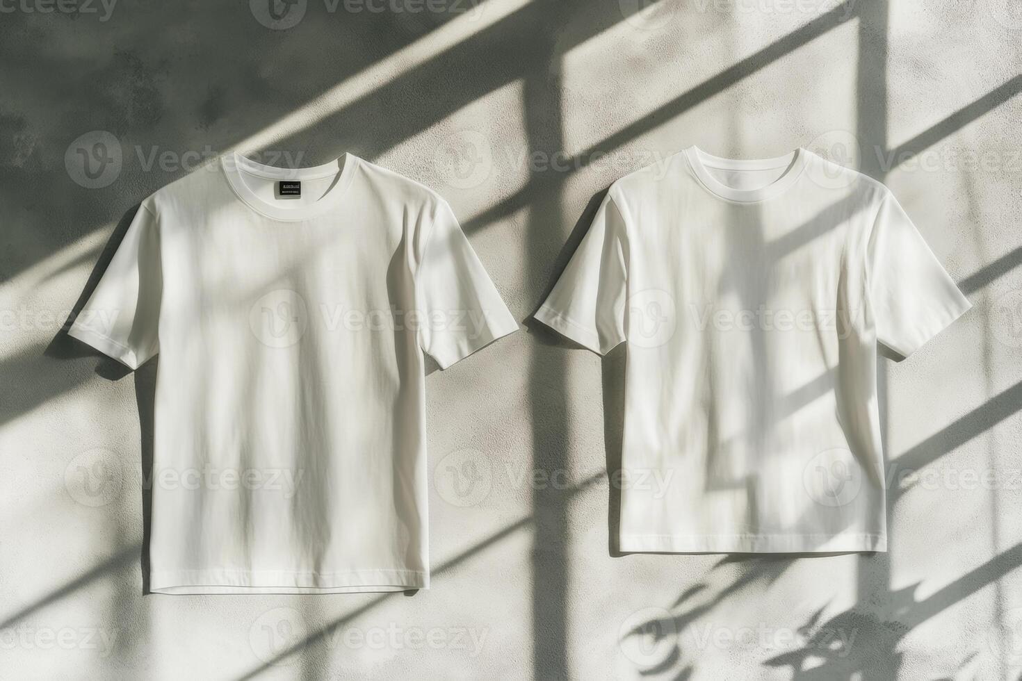 Minimalist mockup of a white t-shirt displayed on a gray background with studio lighting, featuring front and back views in a clean composition photo