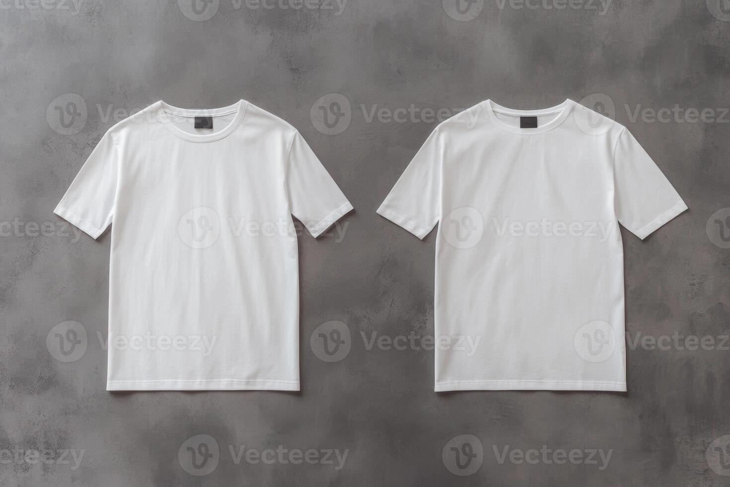 Minimalist mockup of a white t-shirt displayed on a gray background showcasing front and back views in studio lighting photo