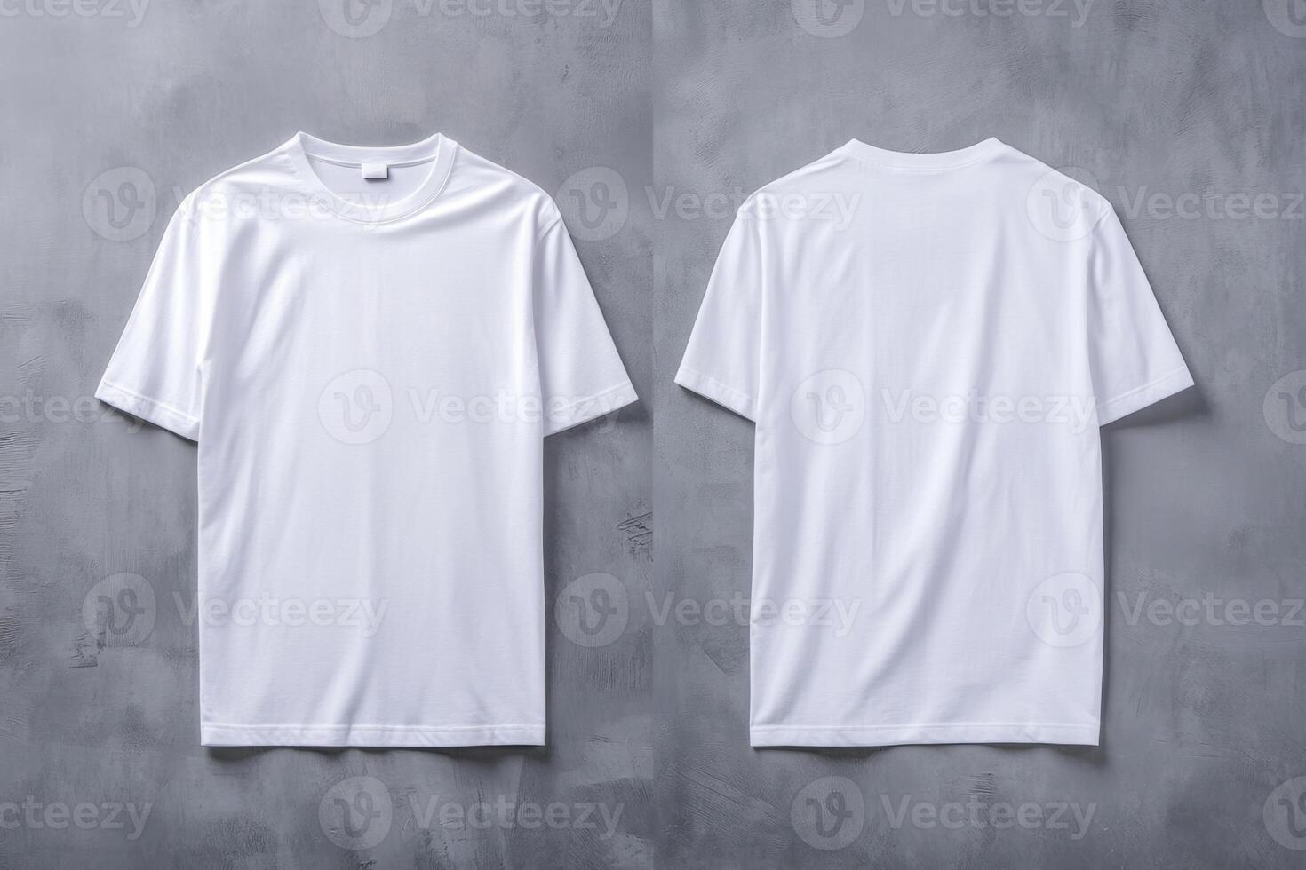 Minimalist white t-shirt mockup displayed in front and back view against a textured gray background with soft studio lighting photo