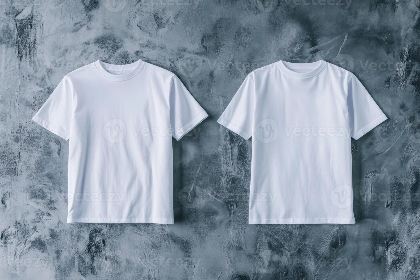 Minimalist display of a white t-shirt on a gray backdrop with front and back views illuminated by studio lighting in a modern setting photo