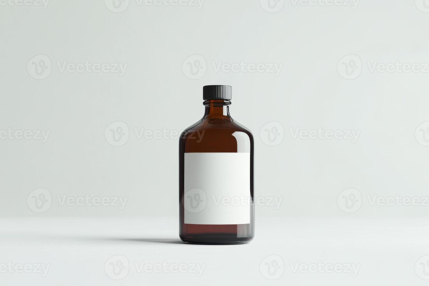 Empty glass bottle with blank label on a white background emphasizing minimalist design and studio lighting in a simple composition photo