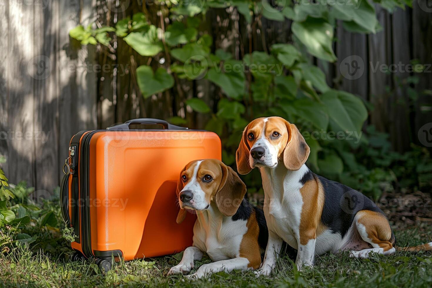 Two beagle dogs resting beside an orange suitcase in a sunlit outdoor setting, inviting thoughts of travel and exploration photo