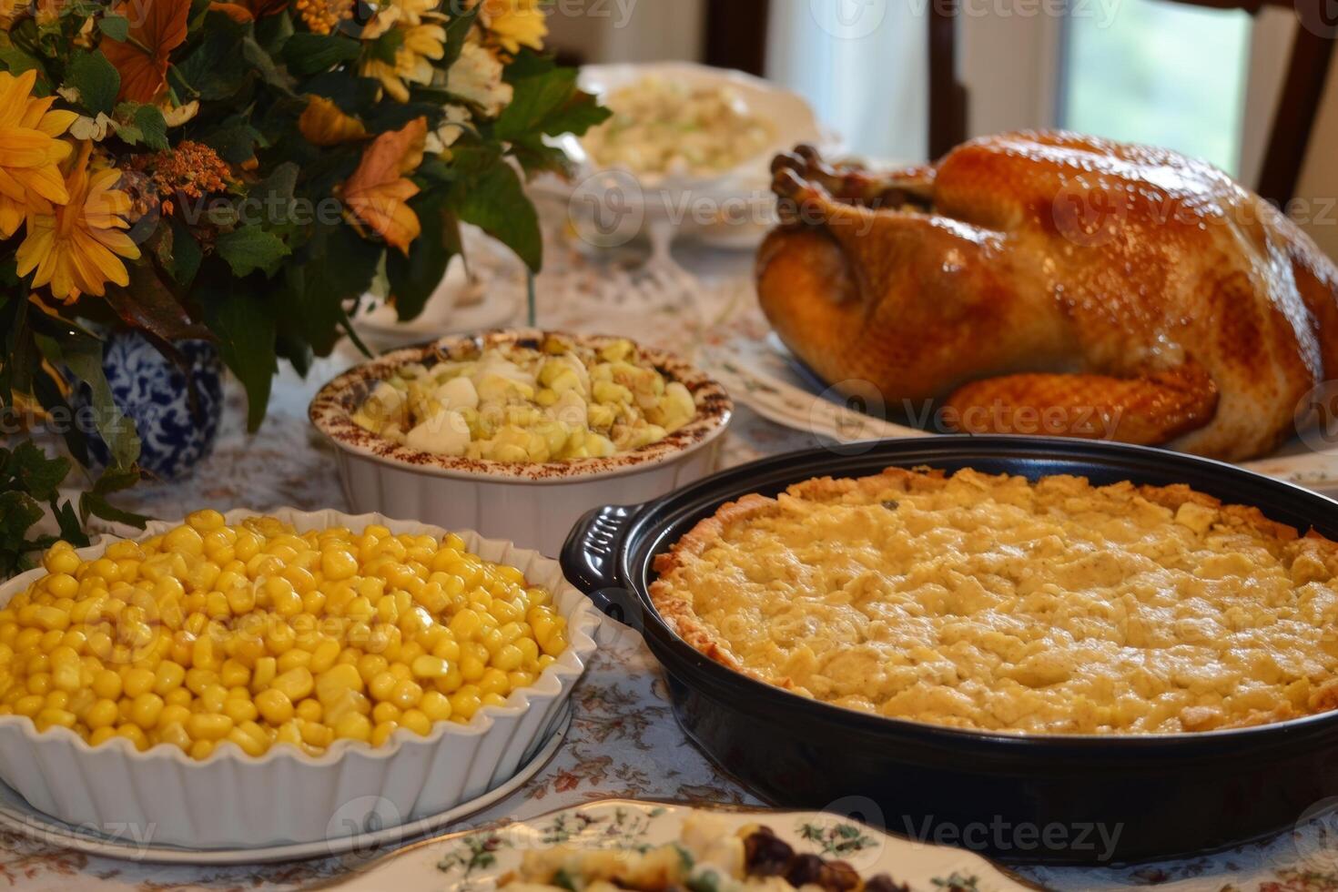 A festive Thanksgiving feast featuring roasted turkey, pumpkin pie, corn, and autumn decorations on a beautifully set table photo