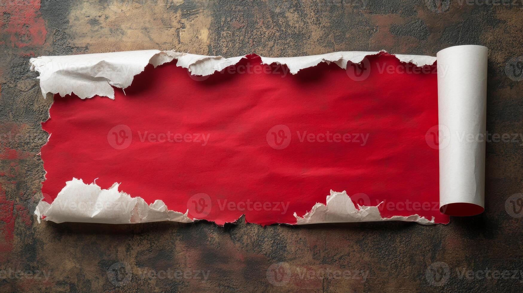 Torn red Christmas wrapping paper with blank space for festive holiday messages or greetings photo