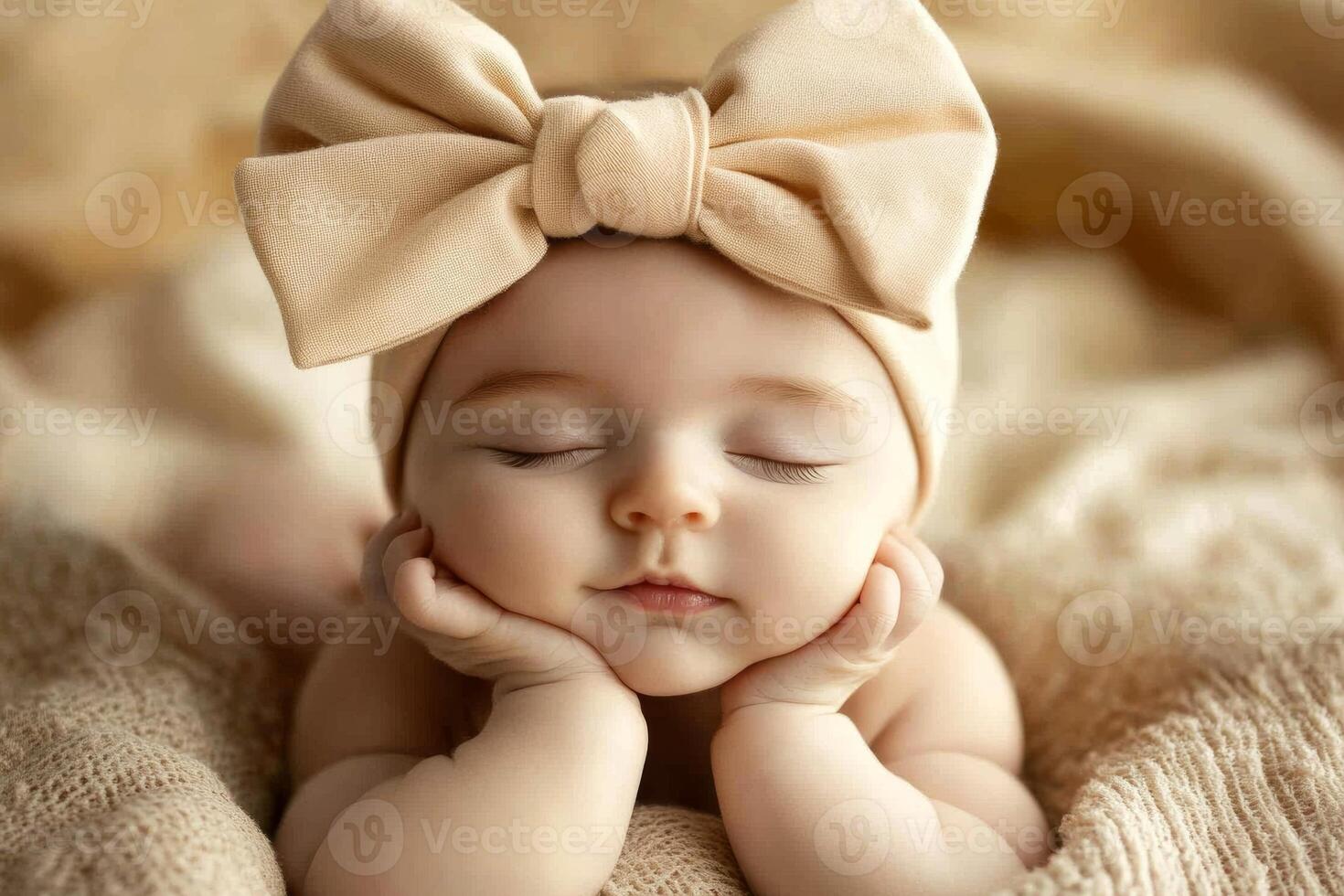 A peaceful baby with a big bow headband resting on a cozy blanket during a serene moment at home photo