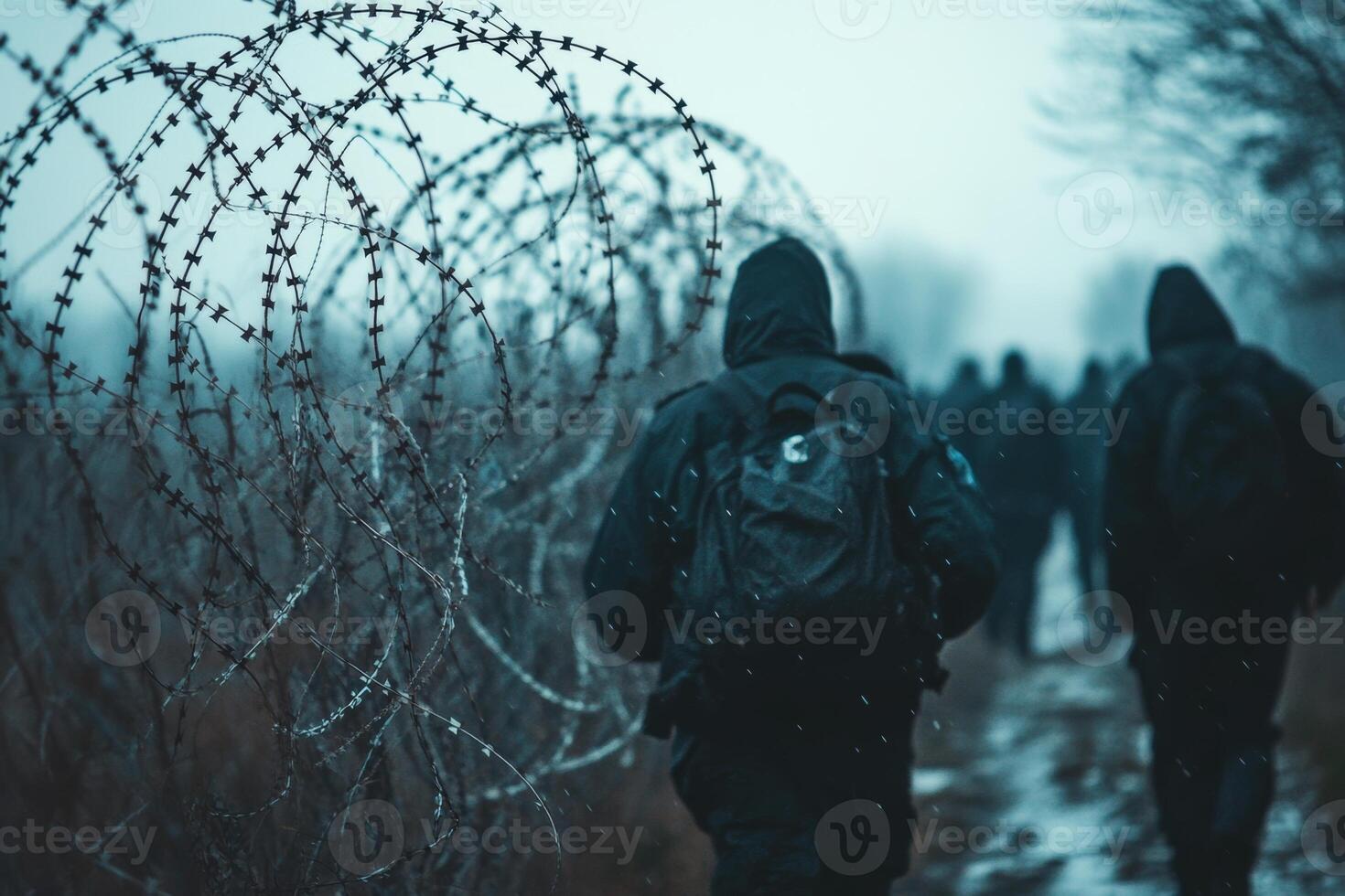 Barbed wire walls reflecting the ongoing immigration challenges in Europe during winter months photo
