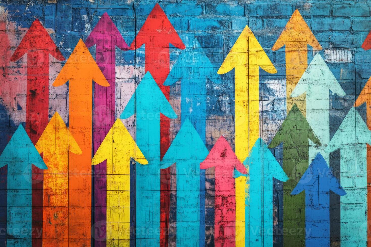 Colorful upward arrows against a textured wall symbolize growth, direction, and positive progress in a vibrant urban setting photo