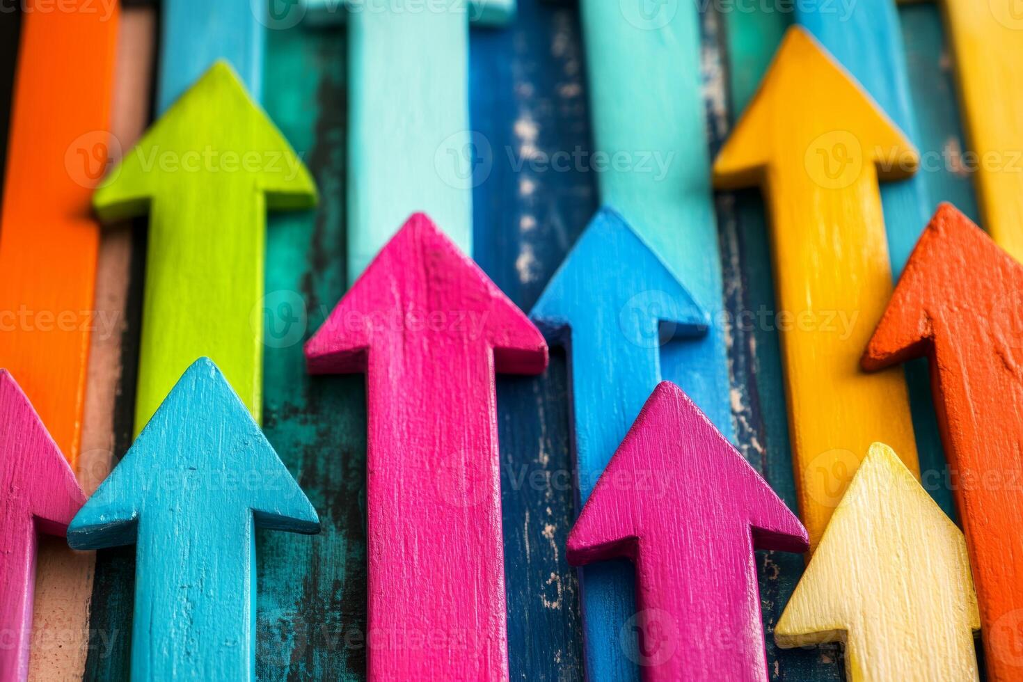 Colorful arrows pointing upward arranged artistically to signify growth and direction in a dynamic visual display photo