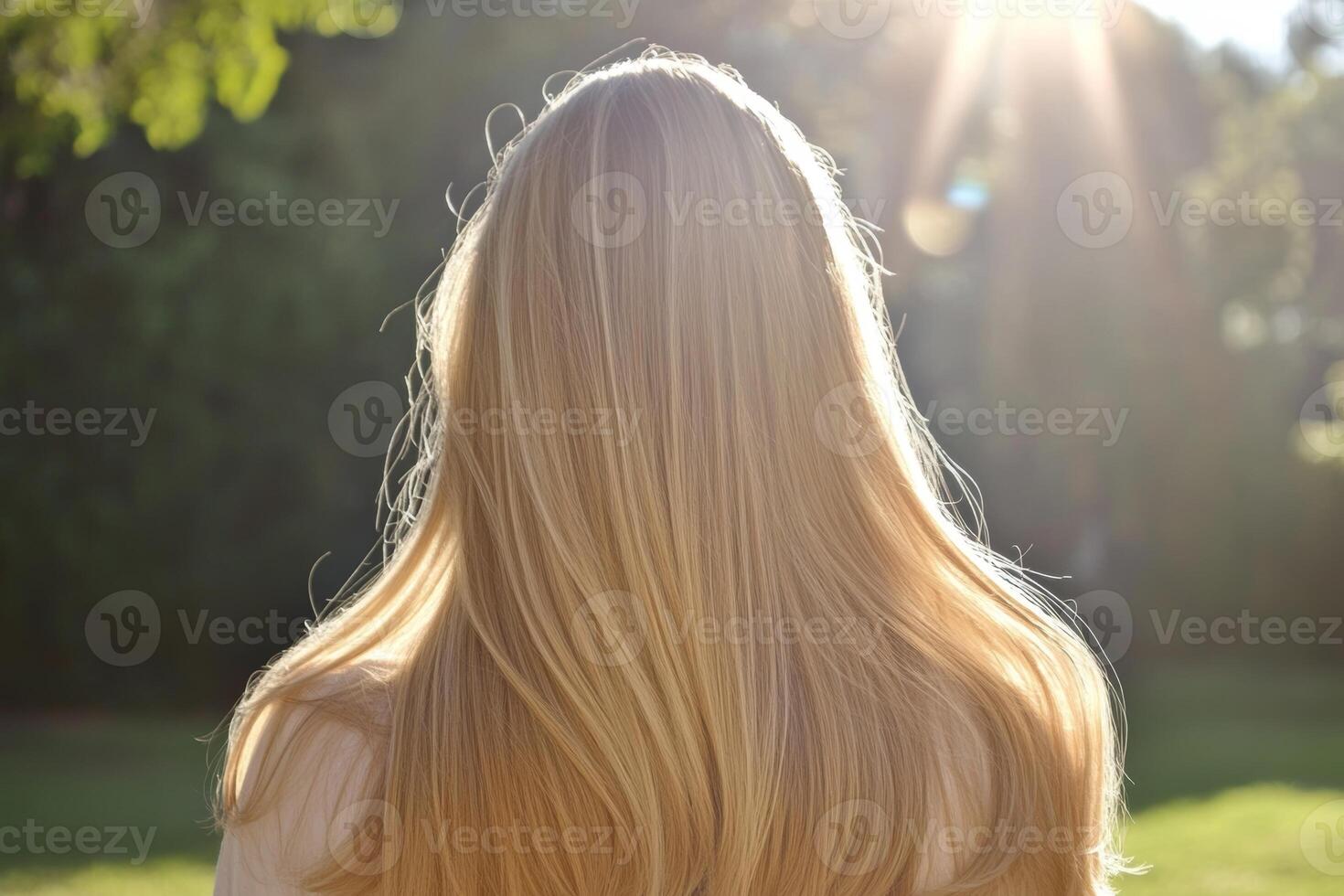 Woman enjoying the golden hour while admiring her long, shiny blonde hair in a sunlit outdoor setting photo