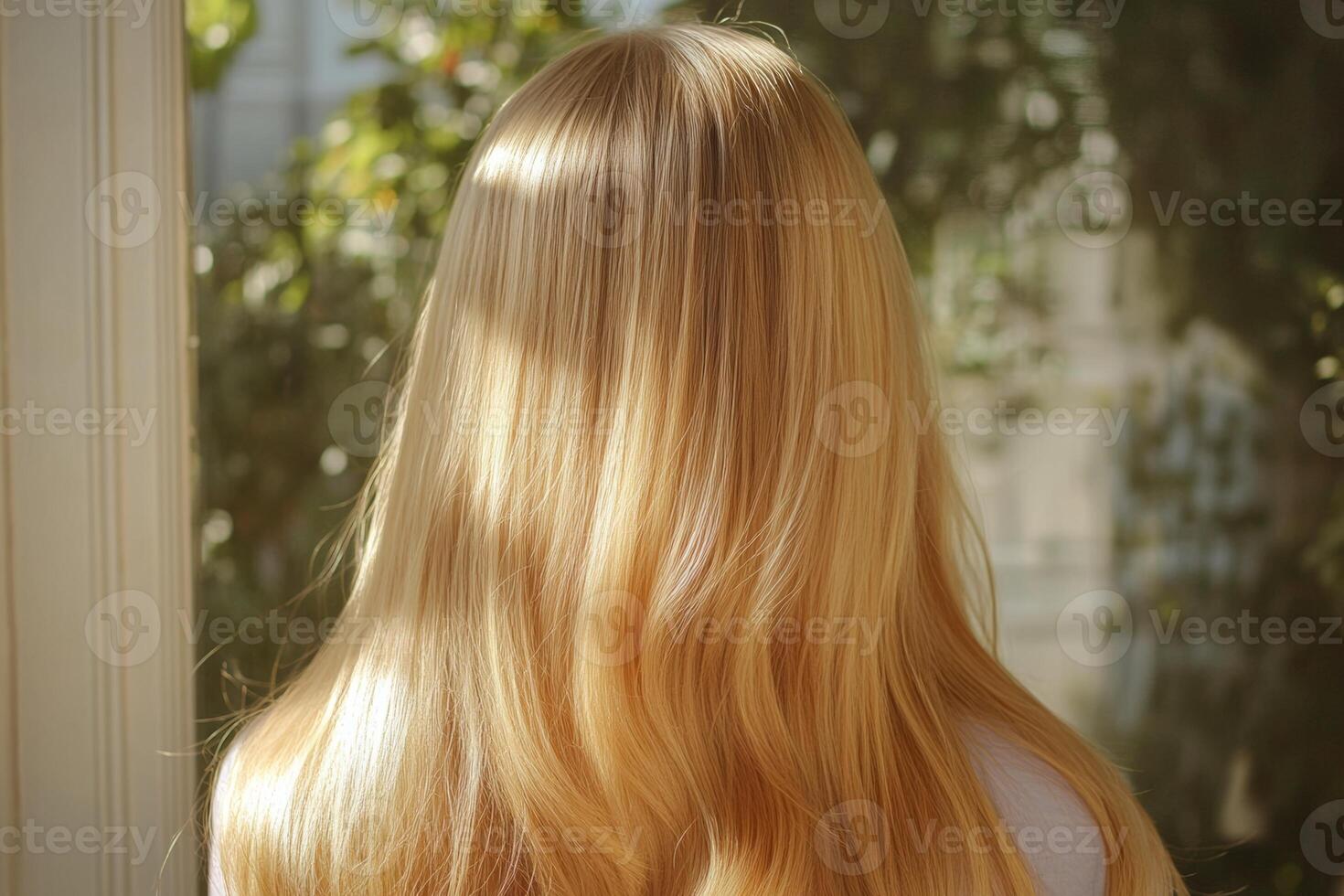 A woman admiring her long shiny blonde hair while basking in the golden sunlight of a natural, sun-kissed setting photo