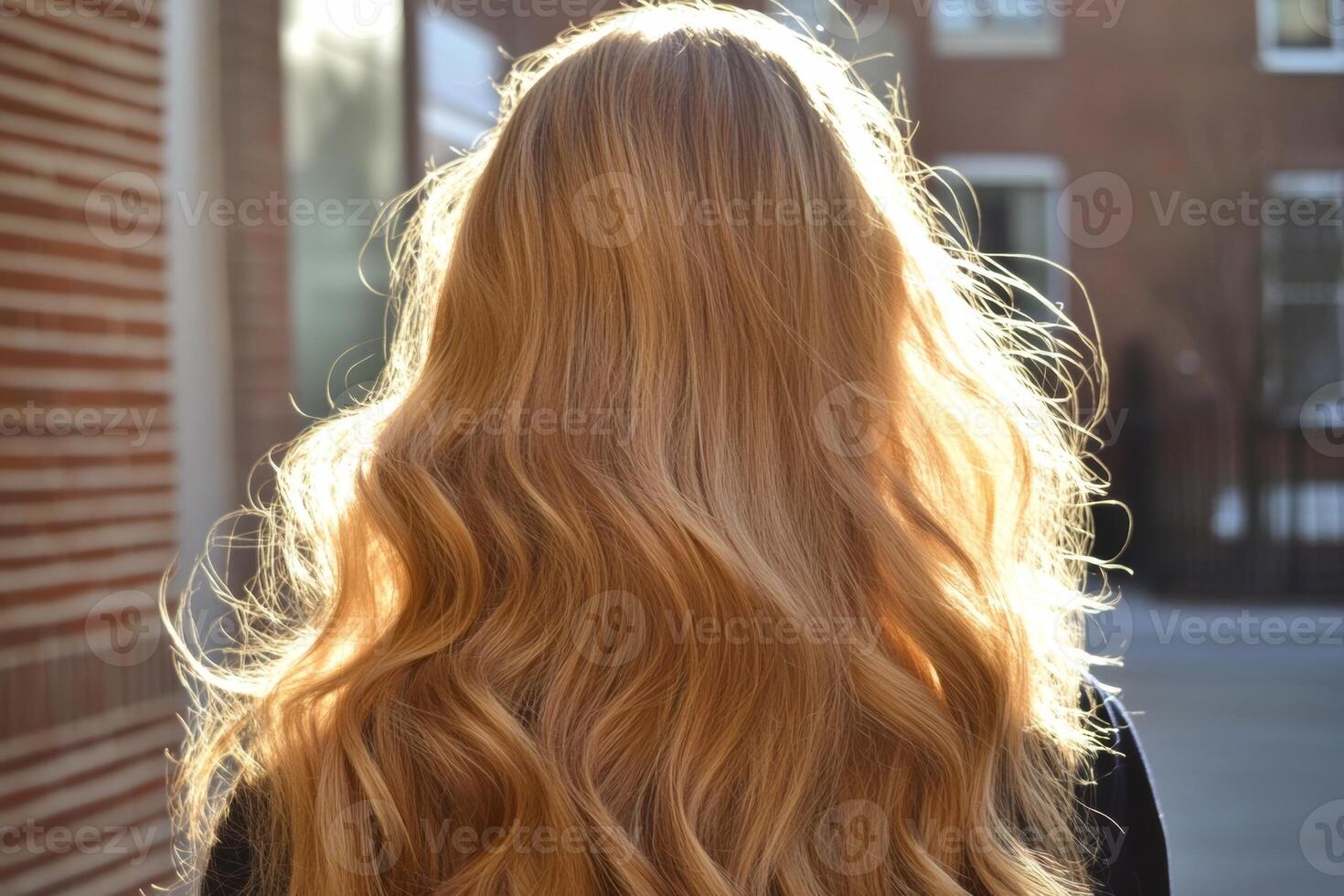 A woman admires her long, healthy blonde hair in the golden hour sunlight, showcasing its shine in a natural setting photo