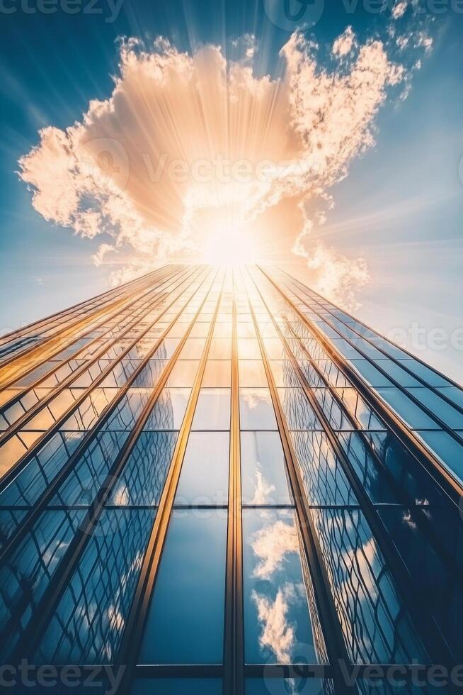Modern high-rise glass building reflecting sunlight and surrounding structures in an urban landscape during bright daytime hours photo