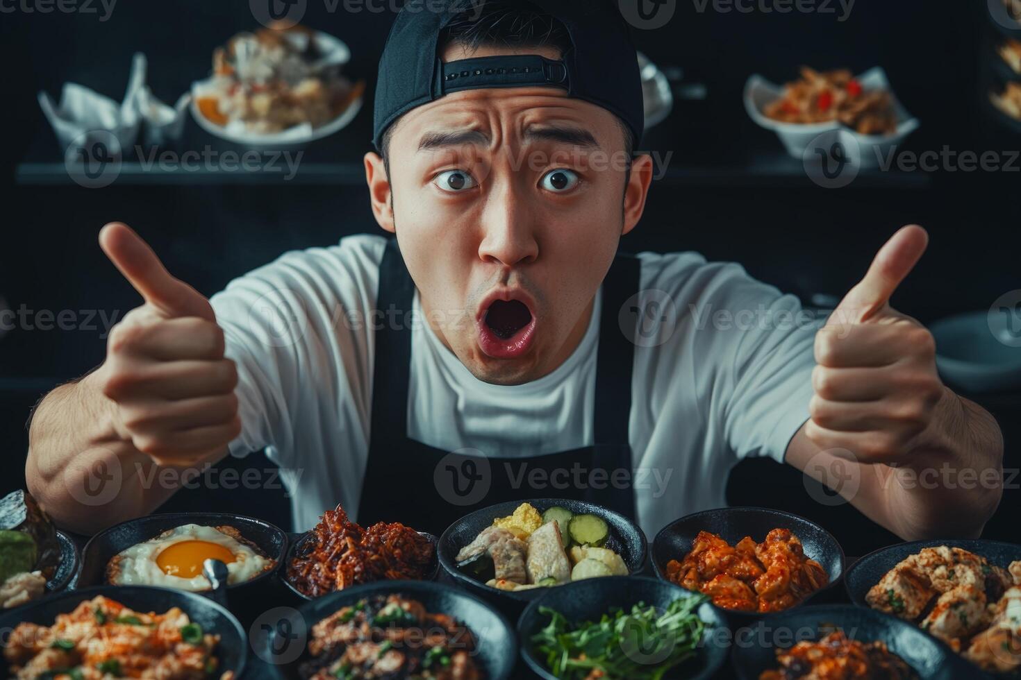 Man with excited expression prepares to enjoy diverse dishes during a South Korean Mukbang eating show photo