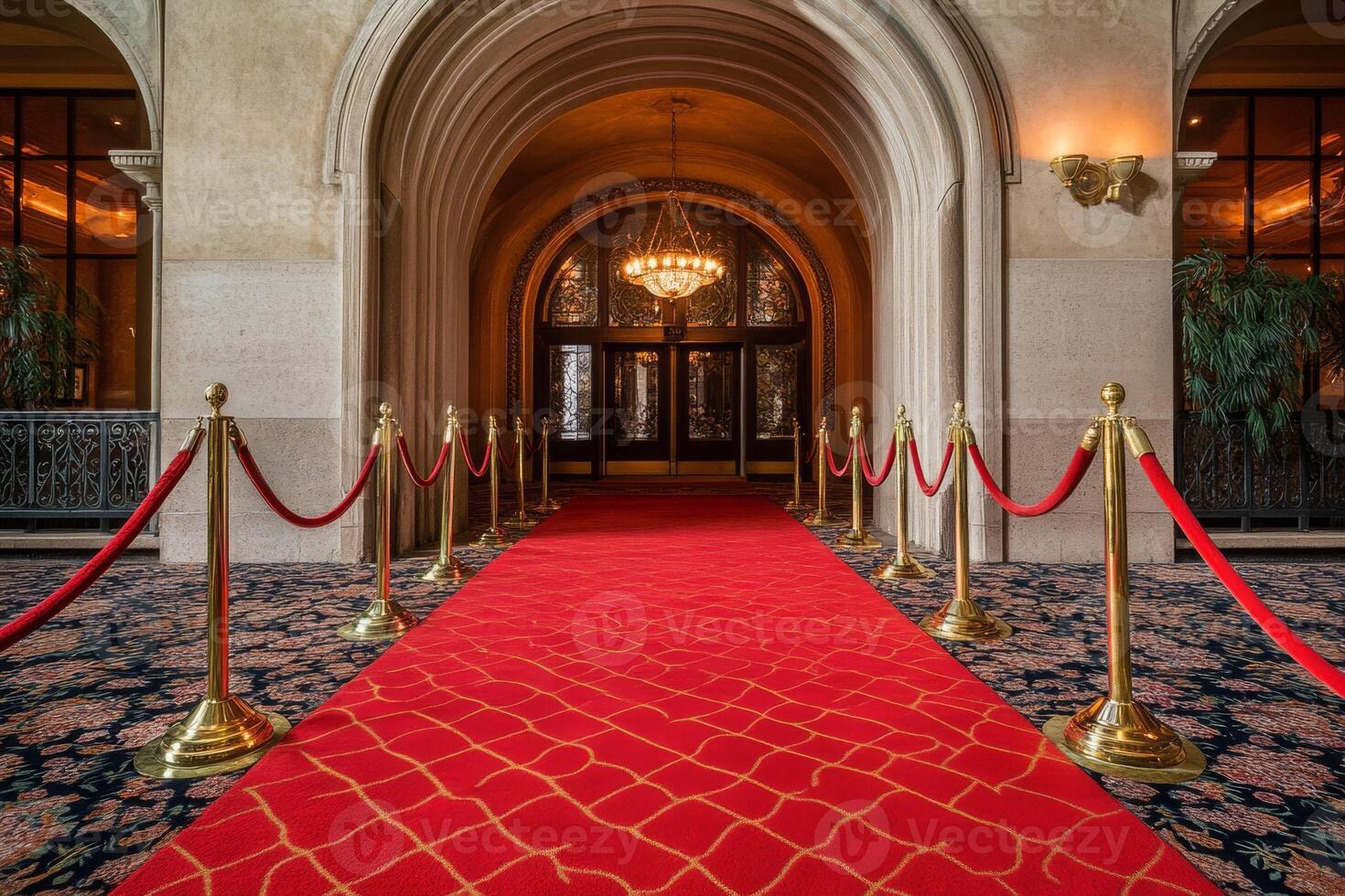 Elegant red carpet entrance adorned with golden stanchions welcoming guests to a lavish event venue photo