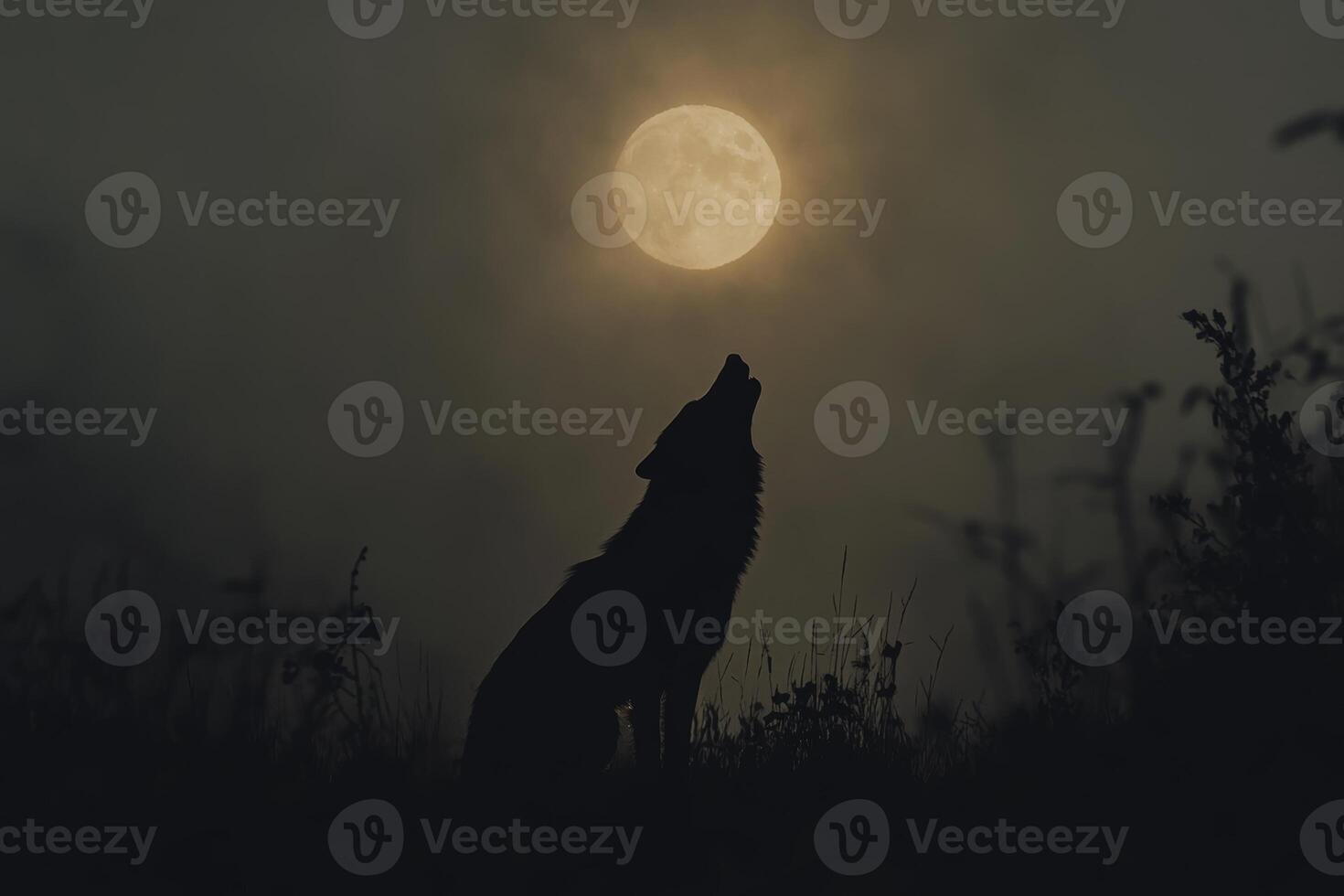 A silhouette of a wolf howling against a foggy night sky illuminated by a full moon photo