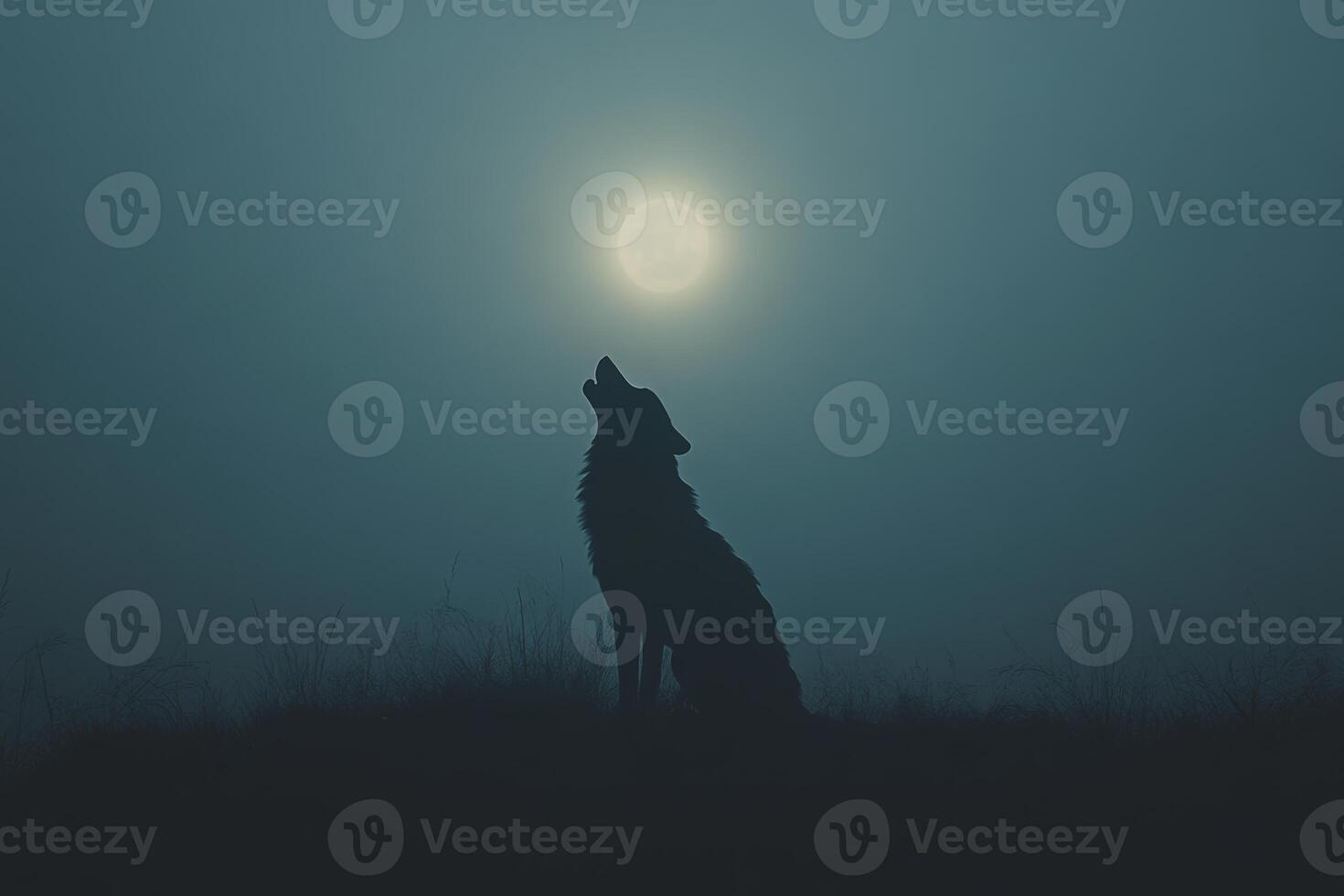 A silhouette of a howling wolf against a foggy night sky illuminated by a full moon photo