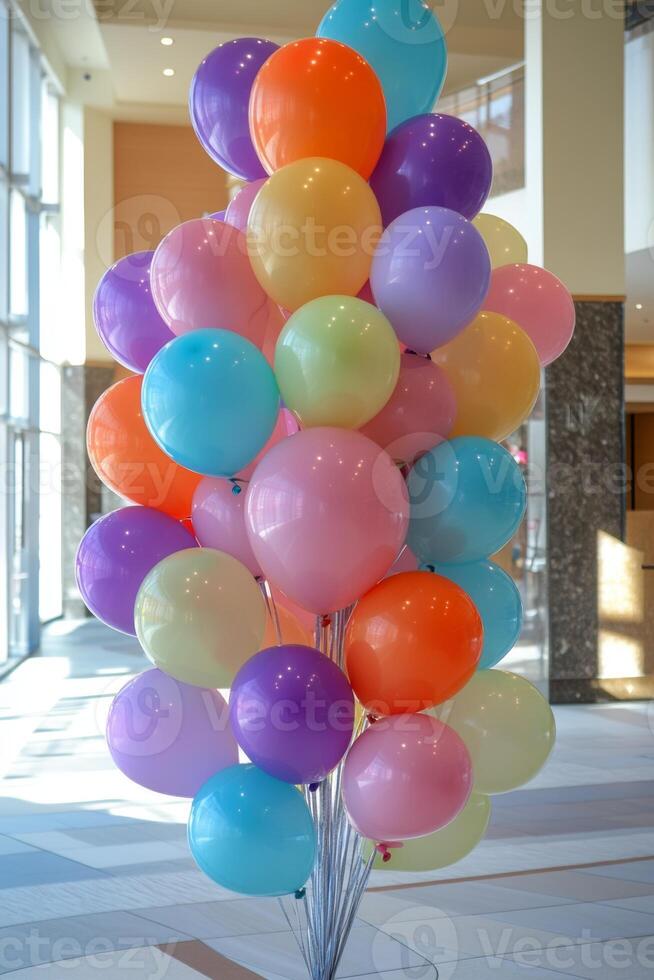 A stunning display of colorful pastel balloons for festive celebrations indoors photo