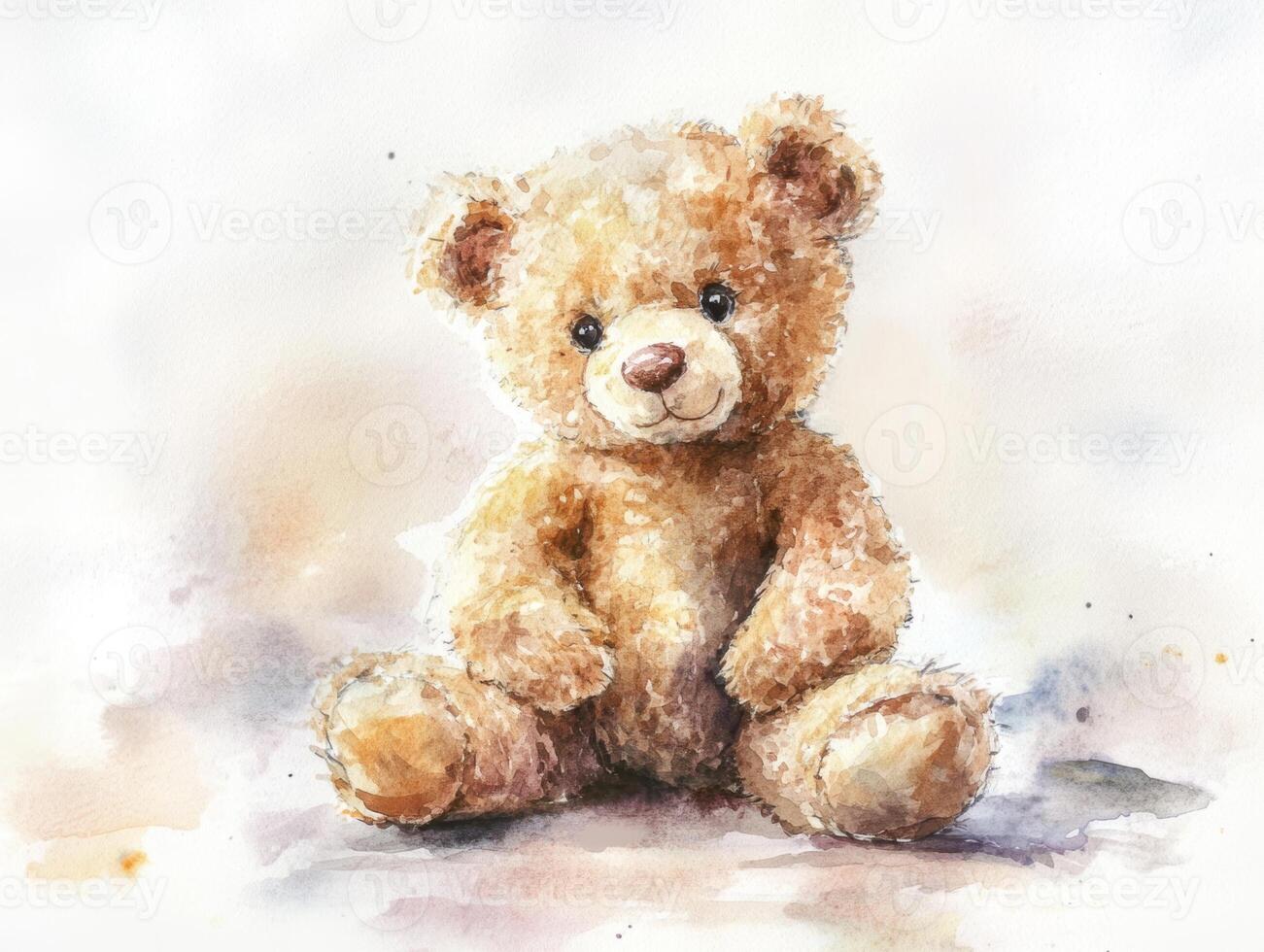 A delightful watercolor illustration of a fluffy teddy bear sitting gently against a soft white background photo