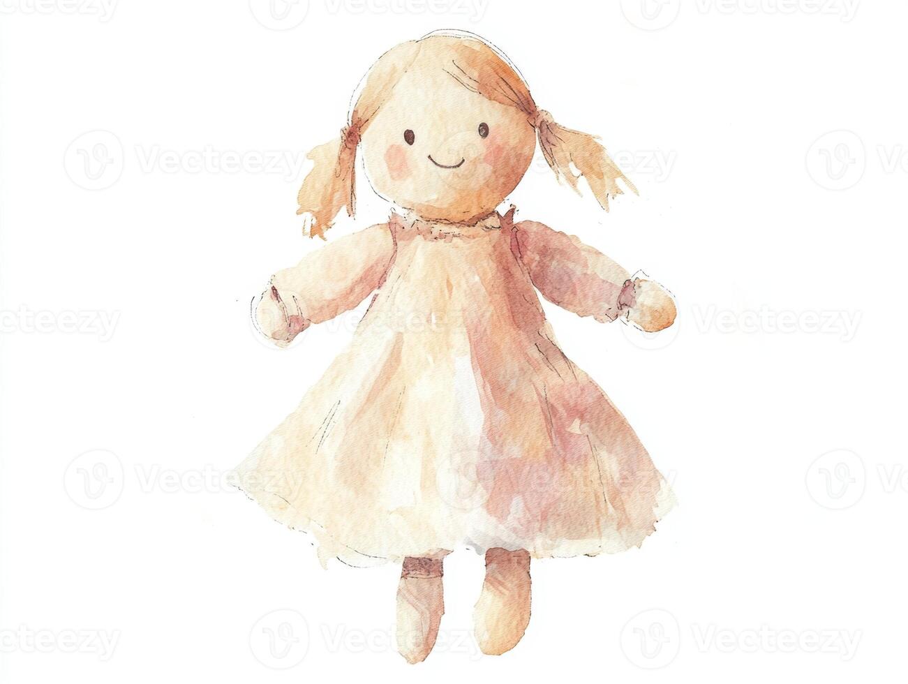 Watercolor illustration of a soft pastel-colored doll with a friendly expression on a clean white background photo