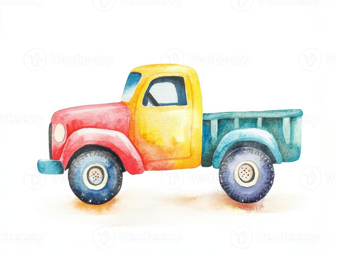 Colorful watercolor illustration of a toy truck with a vibrant design on a clean white background photo