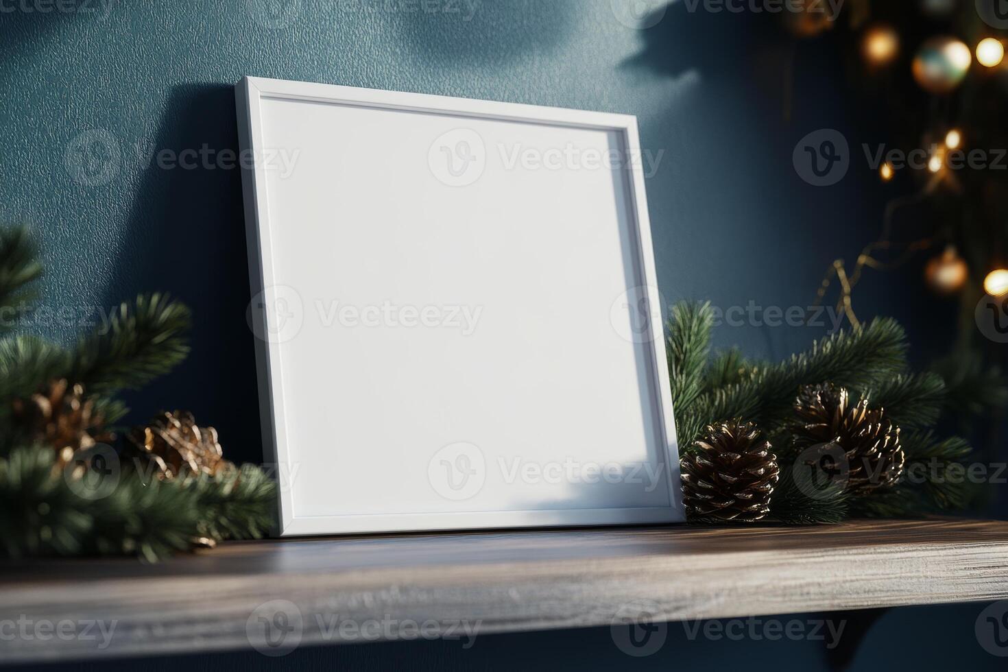 Blank white frame mockup displayed on a shelf decorated with pine branches and Christmas ornaments in a cozy setting photo