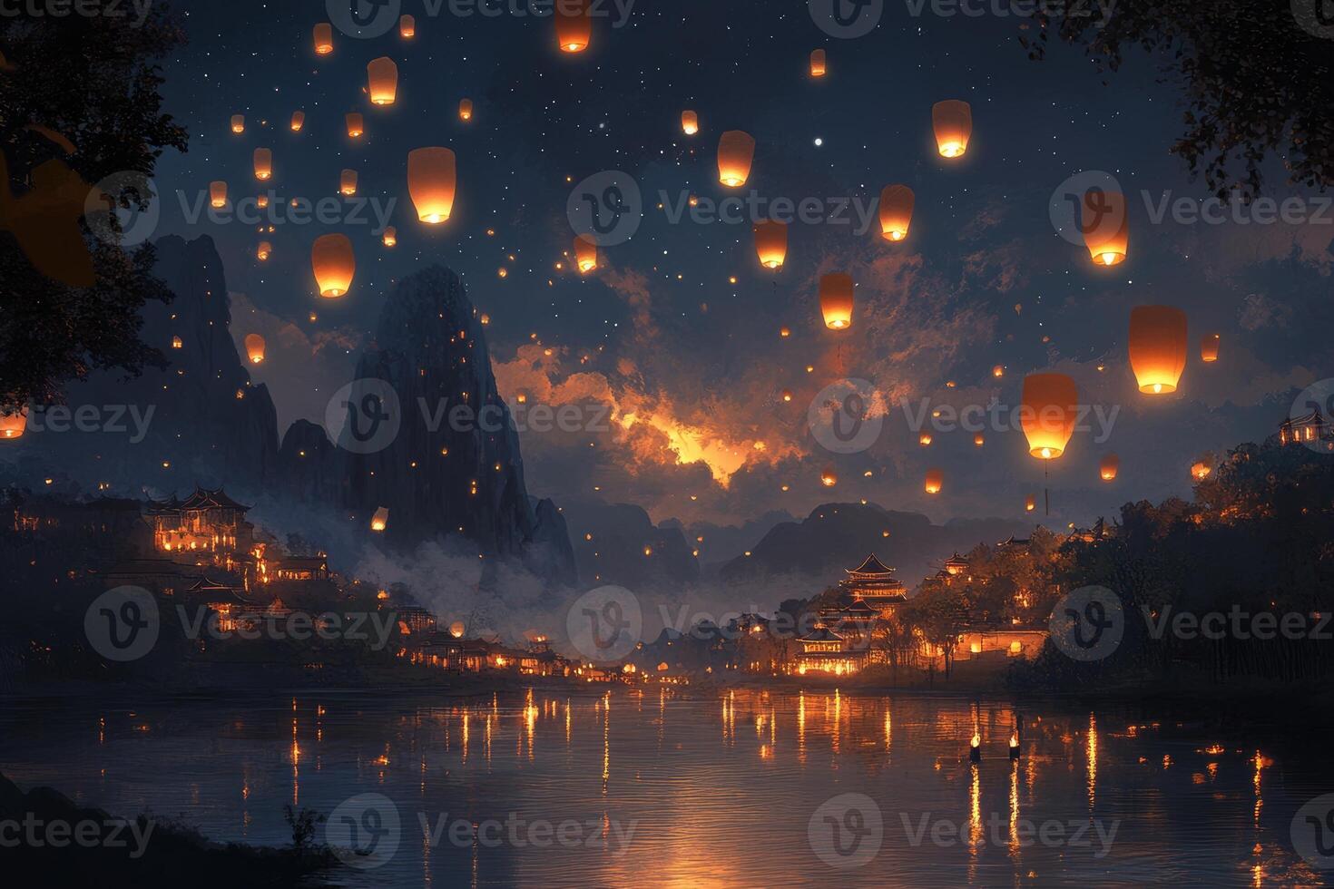A serene night filled with glowing lanterns floating above a tranquil river in a picturesque landscape photo