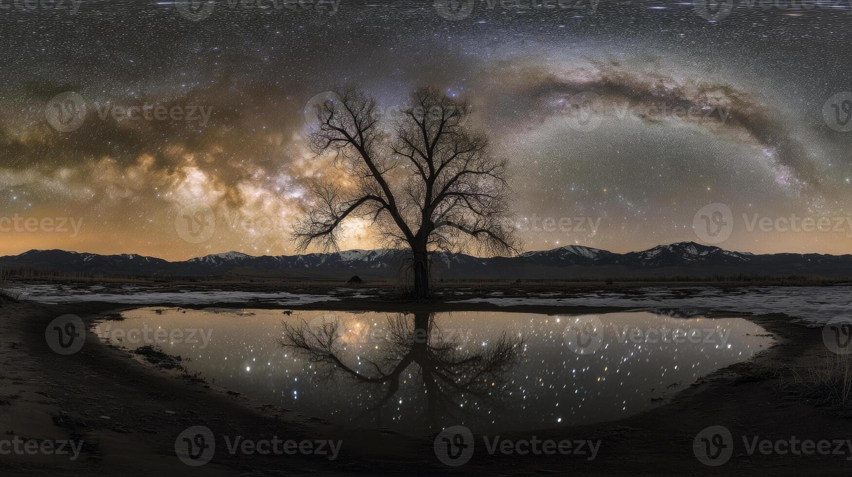 Stunning starry night sky featuring the Milky Way and a lone tree reflecting in a serene water body at twilight photo