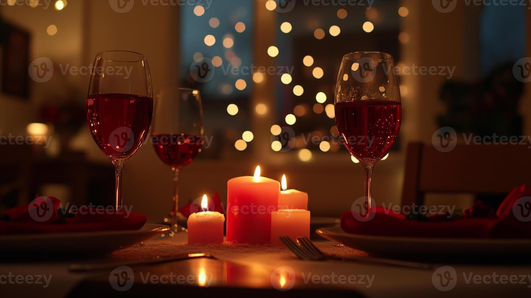 Romantic candlelit dinner for two with wine glasses and soft bokeh lights creating an intimate atmosphere at dusk photo