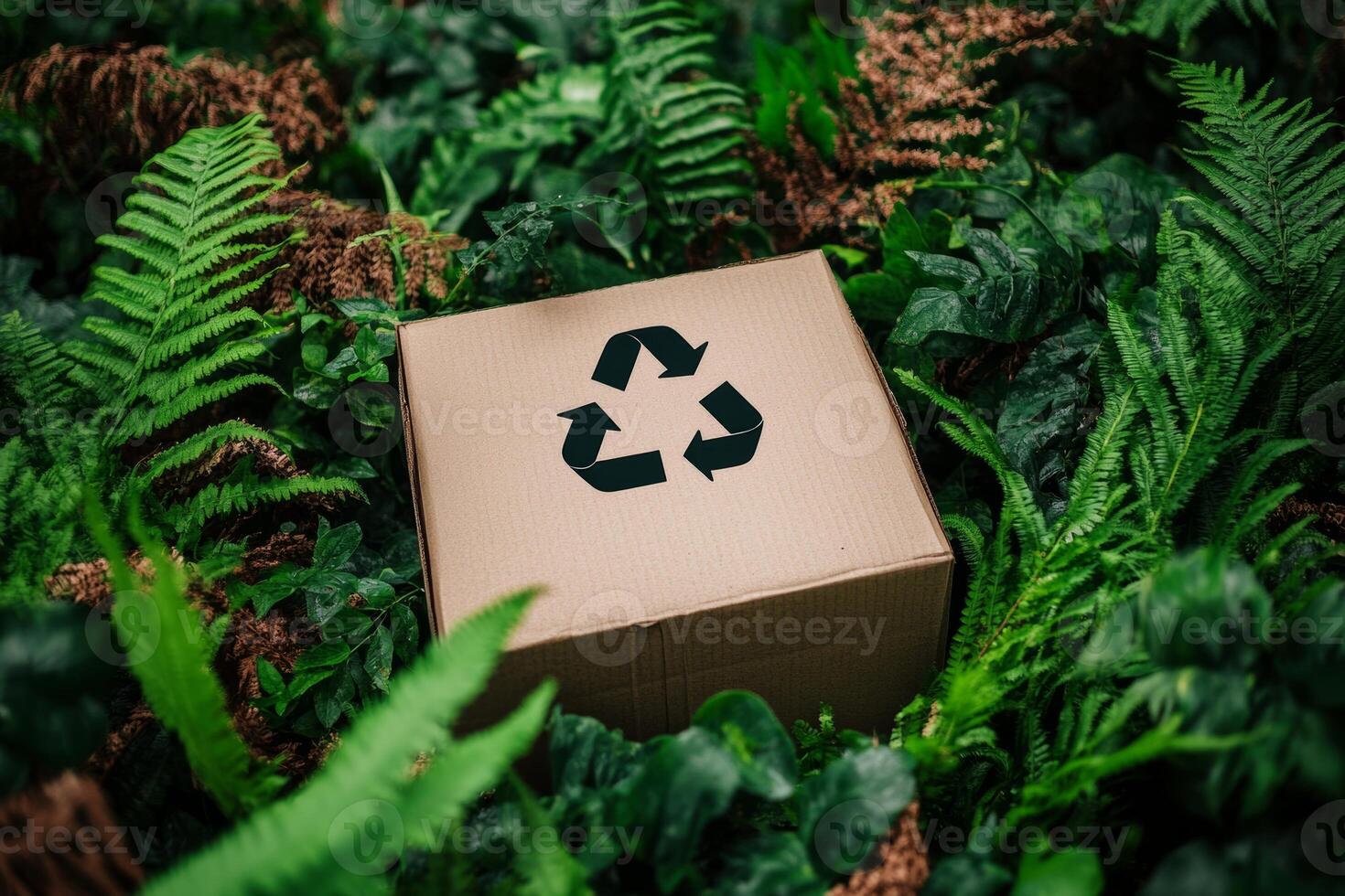 Cardboard box with recycling symbol surrounded by lush greenery and ferns showcasing eco-friendly practices in nature photo