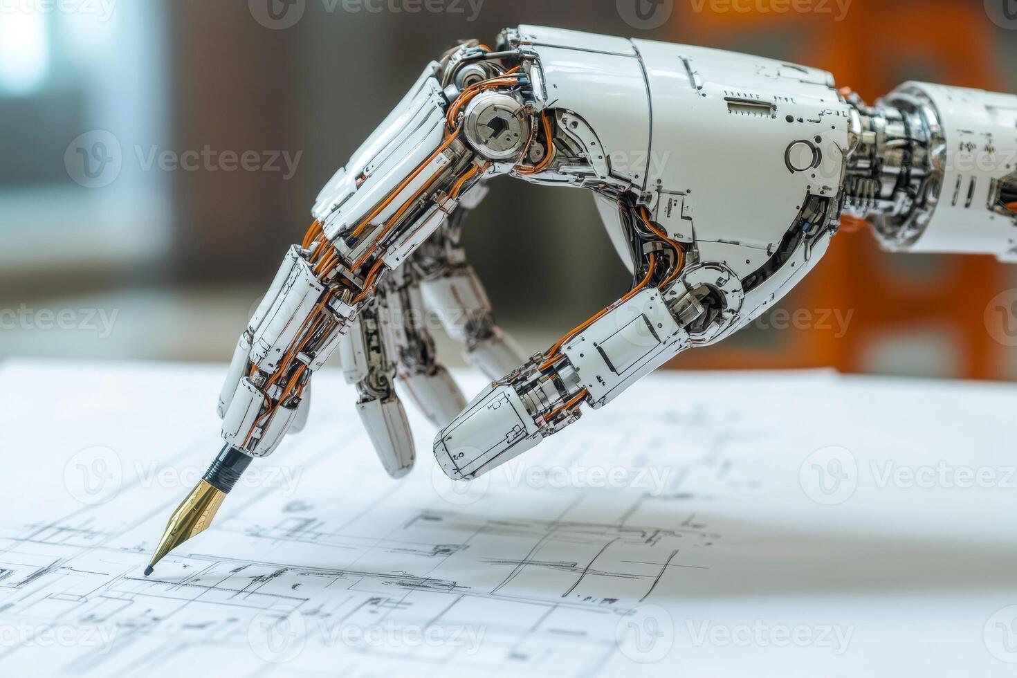 A robotic hand grips a pen, ready to create innovative designs on paper, merging technology with artistic expression in a modern workspace photo