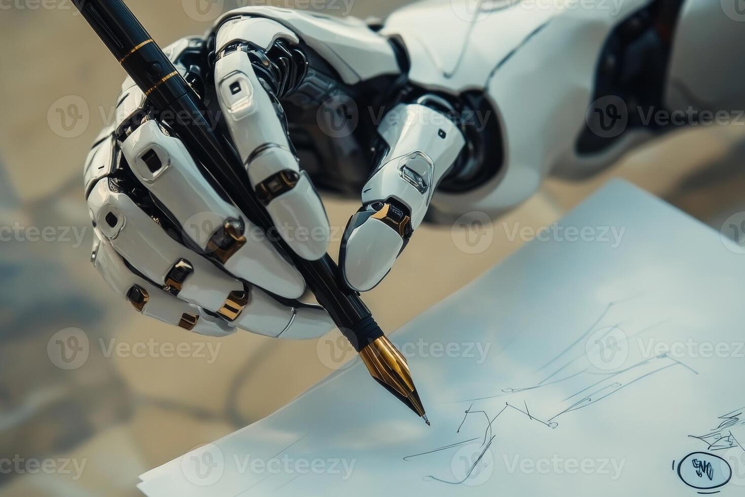 A robotic hand skillfully gripping a pen while poised over sketching paper in a creative and innovative workspace photo