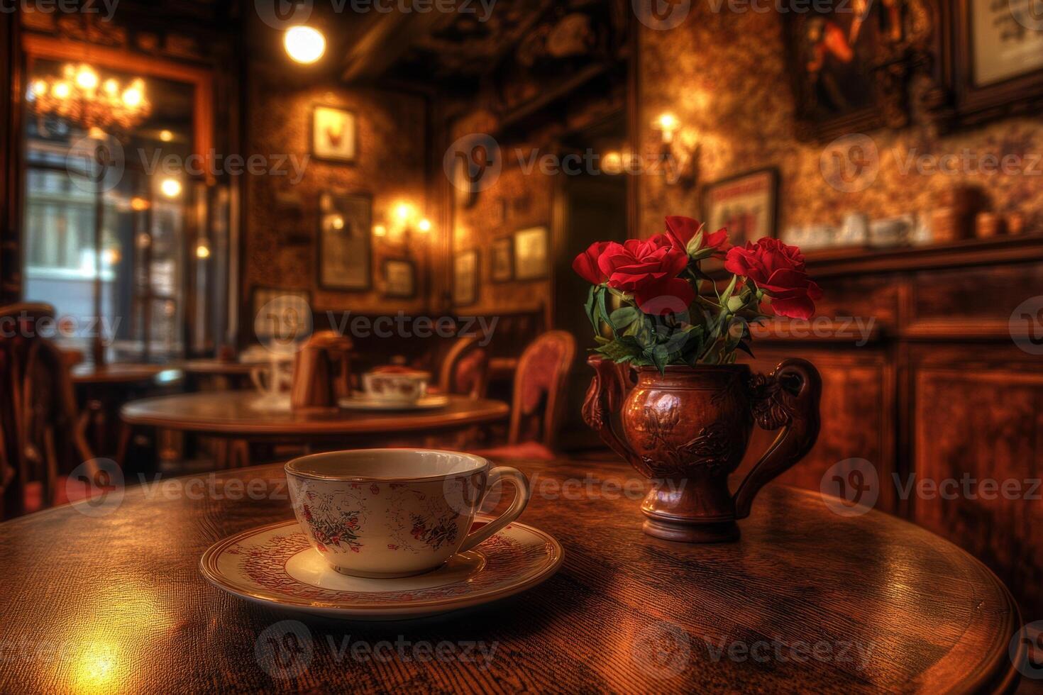 Enjoying coffee in a cozy Viennese cafe with vintage decor and warm lighting perfect for conversation and relaxation photo