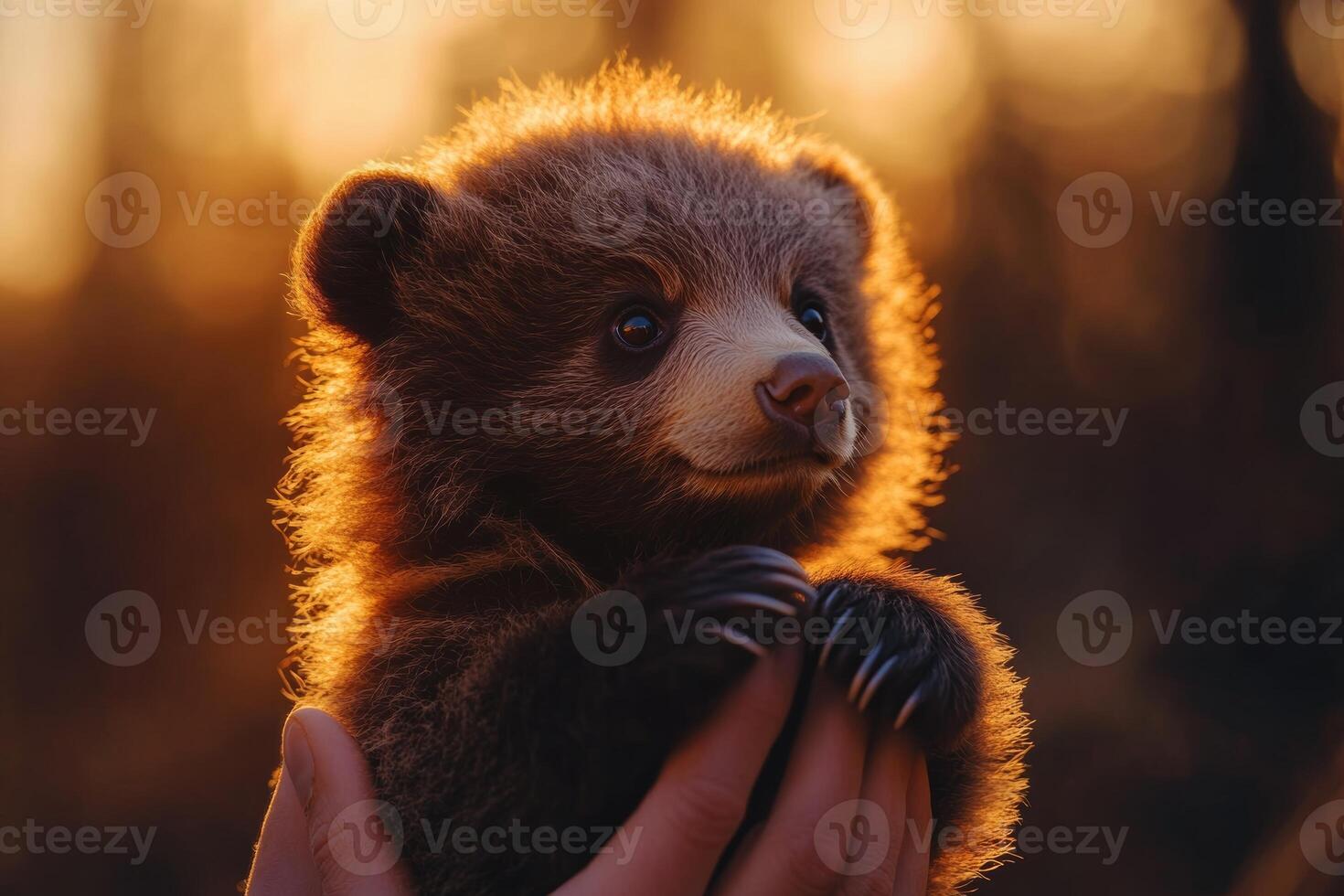 Curious bear cub cradled in hands enjoys a peaceful sunset moment in nature photo