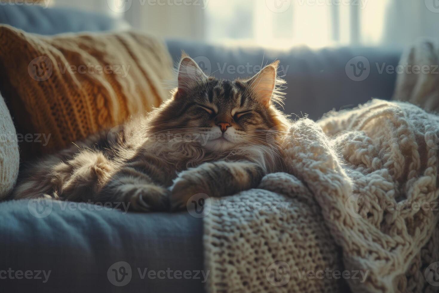 A fluffy cat relaxes on a cozy couch under sunlight with a knitted blanket creating a peaceful atmosphere photo